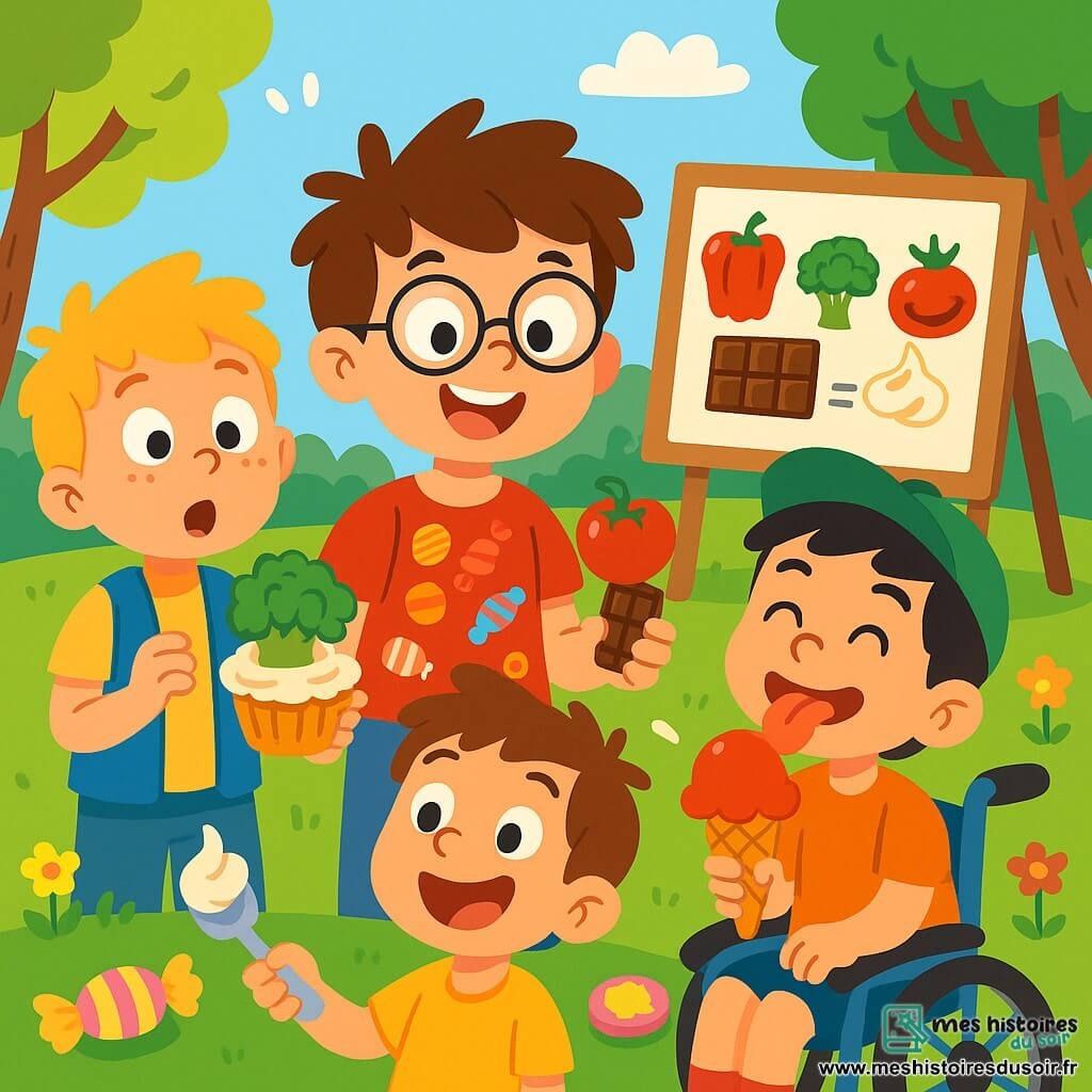Quatre enfants sont présents : Tom, 8 ans, avec des cheveux bruns en bataille et des lunettes rondes, porte un t-shirt rouge avec des bonbons et sourit en tenant un bonbon au chocolat. Léo, 7 ans, avec des cheveux blonds et des taches de rousseur, est à gauche de Tom, portant un gilet bleu et tenant un gâteau au brocoli, surpris. Sam, 8 ans, avec des cheveux noirs et une casquette verte, est à droite de Tom, tirant la langue en goûtant une glace à la tomate. Nathan, 9 ans, en fauteuil roulant, a des cheveux châtains et sourit en tenant une cuillère de crème chantilly. Ils se trouvent dans un parc ensoleillé avec des fleurs et des arbres. Les enfants relèvent un défi de goûts étranges, goûtant des plats bizarres avec des expressions amusantes, entourés de bonbons, gâteaux et glaces colorés.