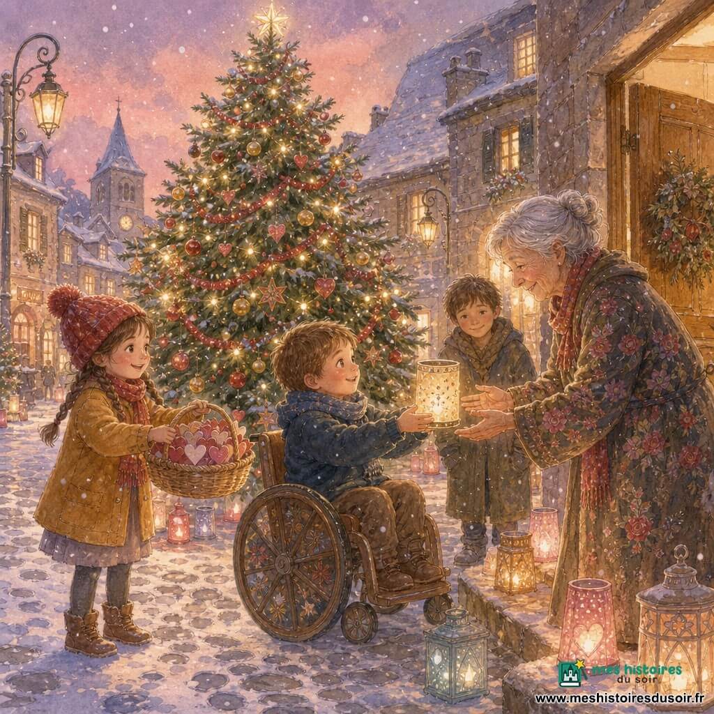 Quatre personnages au crépuscule sur la place enneigée d’un village autour d’un grand sapin décoré : Lila, 5 ans, cheveux bruns en nattes, bonnet rouge et manteau moutarde, tient un panier de cœurs en papier et tend un cœur ; Tom, 5 ans, cheveux châtain courts, écharpe bleue, en fauteuil roulant en bois, allume un lampion pailleté diffusant une lumière douce ; Nadine, environ 75 ans, cheveux gris en chignon, manteau à fleurs, se tient près d’une porte entrouverte et reçoit le lampion avec les mains tremblantes mais rayonnantes ; un petit voyageur de 7 ans, manteau trop grand et regard timide, se tient en retrait et esquisse un sourire en regardant le lampion. Autour d’eux, la grande place pavée, maisons en pierre aux toits enneigés et fenêtres éclairées, lampadaires en fer forgé, traces de pas et une dizaine de lampions colorés posés au sol et sur les marches créent une atmosphère chaleureuse et rassembleuse sous une fine neige.