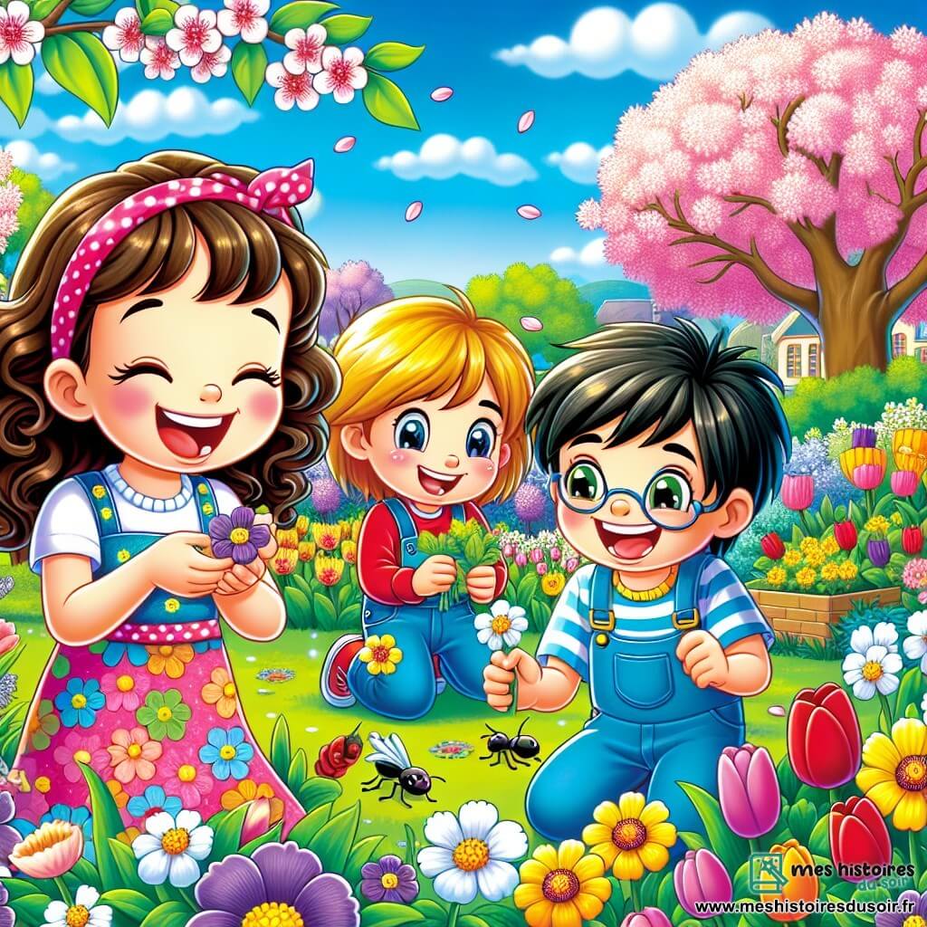 Clara, une fille de 8 ans aux cheveux bruns et bouclés, porte une robe colorée à fleurs et sourit largement. Elle montre une violette qu'elle vient de cueillir, les yeux brillants d'excitation. À ses côtés, Léo, un garçon de 8 ans avec des cheveux blonds et des lunettes, tient une marguerite et rit joyeusement, tandis que Mia, une fille de 7 ans aux cheveux noirs et lisses, observe une fourmi avec émerveillement, accroupie près d'eux. Le jardin est rempli de tulipes colorées et de cerisiers en fleurs sous un ciel bleu éclatant. Clara et ses amis sont en pleine chasse au trésor printanier, riant et découvrant la nature.