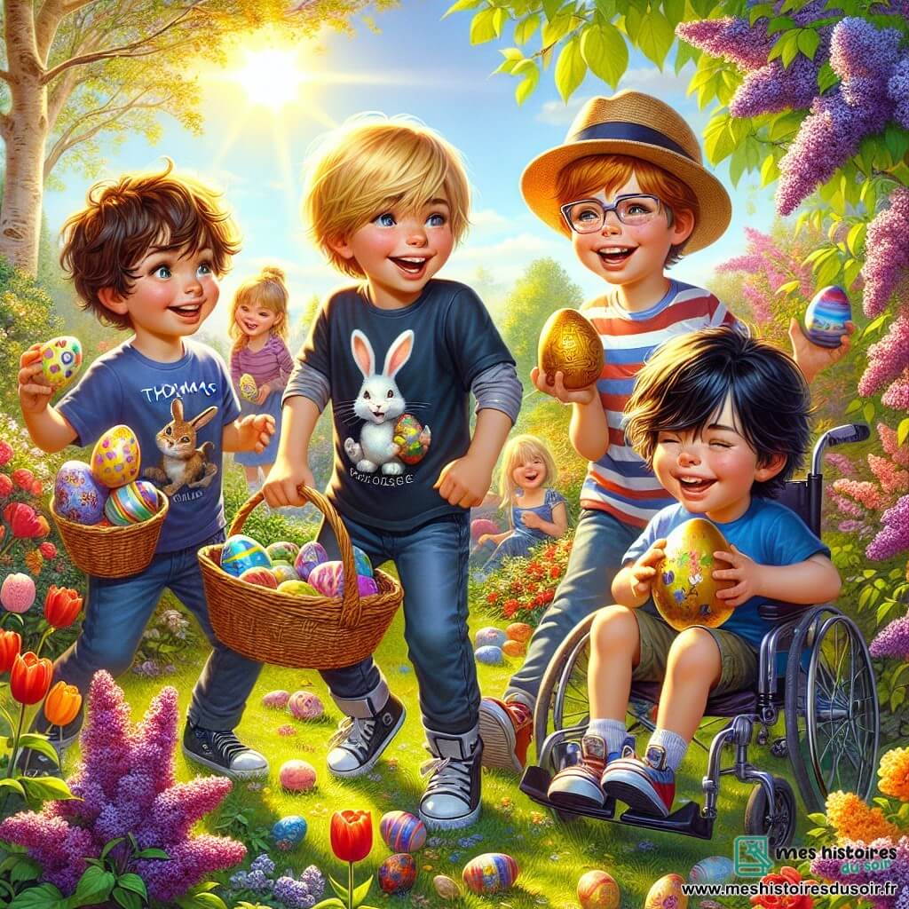 Dans un jardin ensoleillé, quatre garçons participent à une chasse aux œufs de Pâques. Thomas, neuf ans, avec des cheveux bruns en bataille et un chapeau de paille, tient un panier rempli d'œufs colorés. Lucas, également neuf ans, porte des lunettes et montre un œuf en or. Maxime, avec des cheveux châtains et un t-shirt de lapin, rit en tenant un œuf décoré. Simon, le meilleur ami de Thomas, est en fauteuil roulant et tient un œuf bleu qu'il a peint. Le jardin, rempli de fleurs éclatantes et d'arbres verdoyants, est baigné de soleil. Les garçons s'amusent à chercher des œufs cachés tout en riant et en s'encourageant.