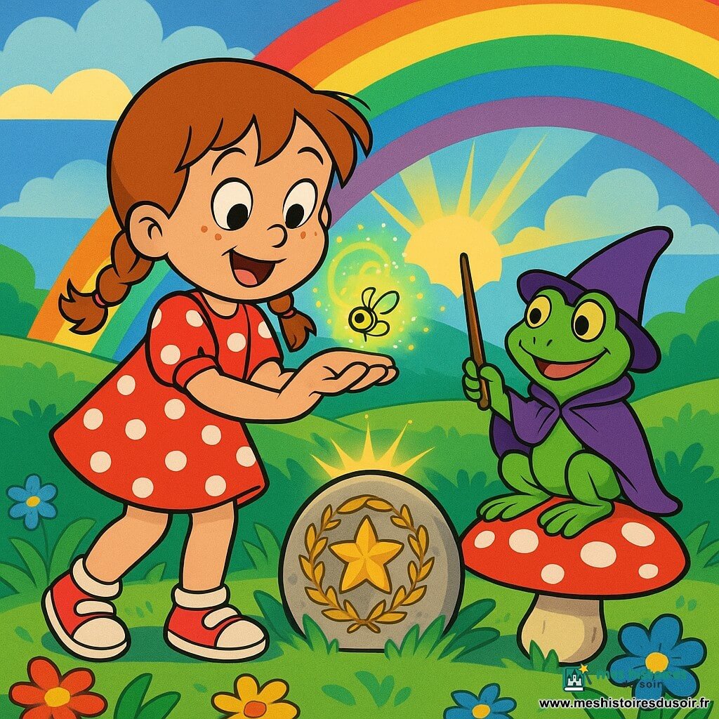 Lila, 6 ans, visage rond à taches de rousseur, cheveux châtain en deux nattes, robe rouge à pois blancs et baskets, tient une luciole vert-jaune scintillante qui tournoie et s'illumine ; à côté d'elle, une petite grenouille magicienne verte en manteau violet, tenant une baguette‑brindille, est assise sur un champignon rouge à pois blancs avec un sourire complice ; elles sont sur la colline de l'Arc‑en‑Ciel couverte de fleurs saturées et d'herbe ondulée, devant une pierre ronde gravée d'une étoile dorée au centre d'un cercle floral, tandis qu'un grand arc‑en‑ciel brille dans un ciel pastel où les nuages s'écartent sous un rayon doré ; Lila pose la luciole sur la pierre magique, qui explose en pluie d'étincelles colorées allumant l'arc‑en‑ciel et chassant les nuages, scène dynamique et lumineuse inspirée du style cartoon des années 90.