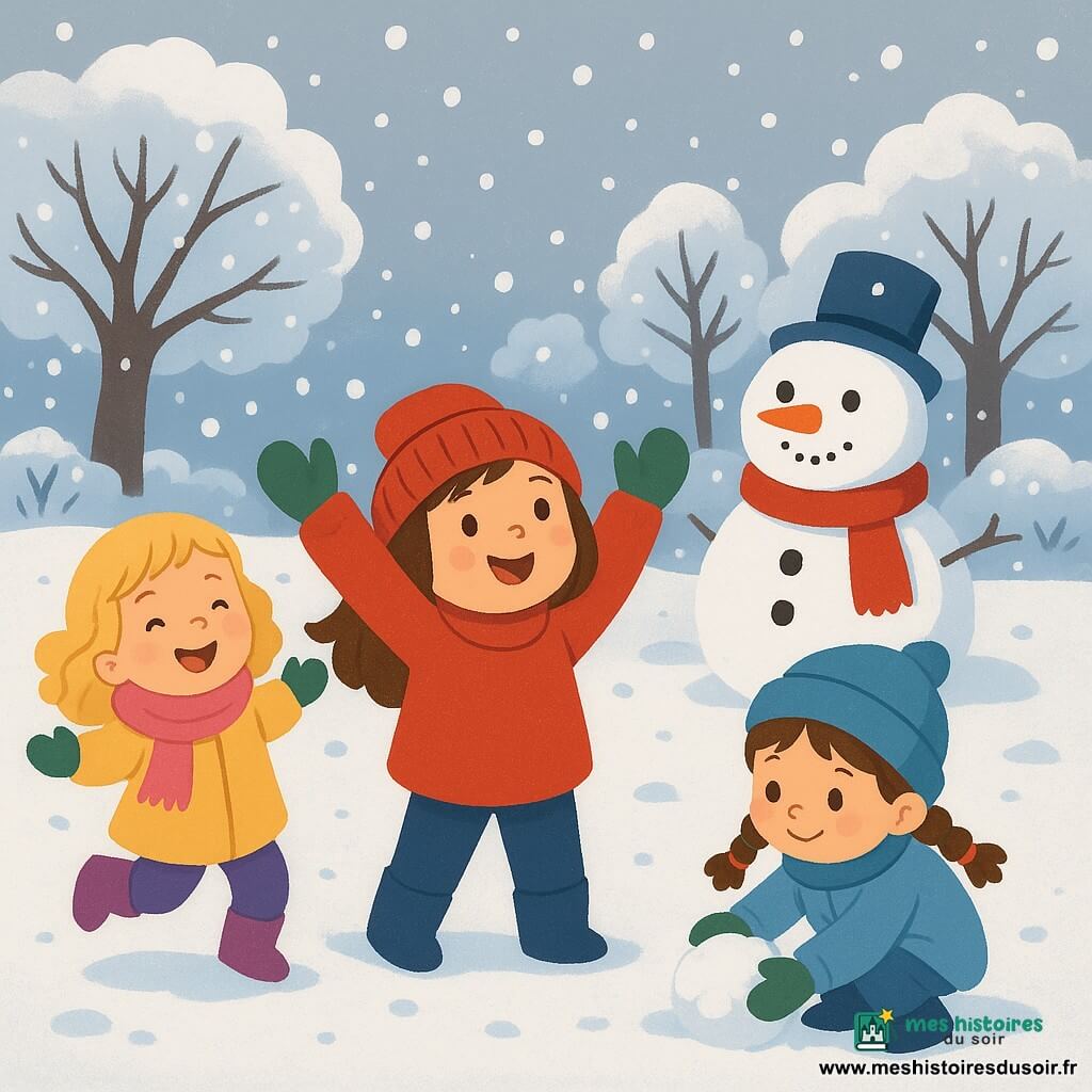 Quatre enfants jouent dans un jardin d'hiver recouvert de neige. Lina, 2 ans, se tient au centre, émerveillée par la neige, portant un gros pull rouge et un bonnet. Mila, également 2 ans, est à gauche, sautant dans la neige avec une écharpe rose et des bottes violettes. Zoé, à droite, ramasse de la neige pour faire une boule, vêtue d'un manteau bleu et d'un bonnet à pompon. Sara, derrière Mila, rit en regardant le bonhomme de neige qu'elles ont construit, en combinaison jaune et gants verts. Le ciel est gris et nuageux, et une maison chaleureuse est visible au fond. Les enfants rient et s'amusent, créant une ambiance joyeuse.