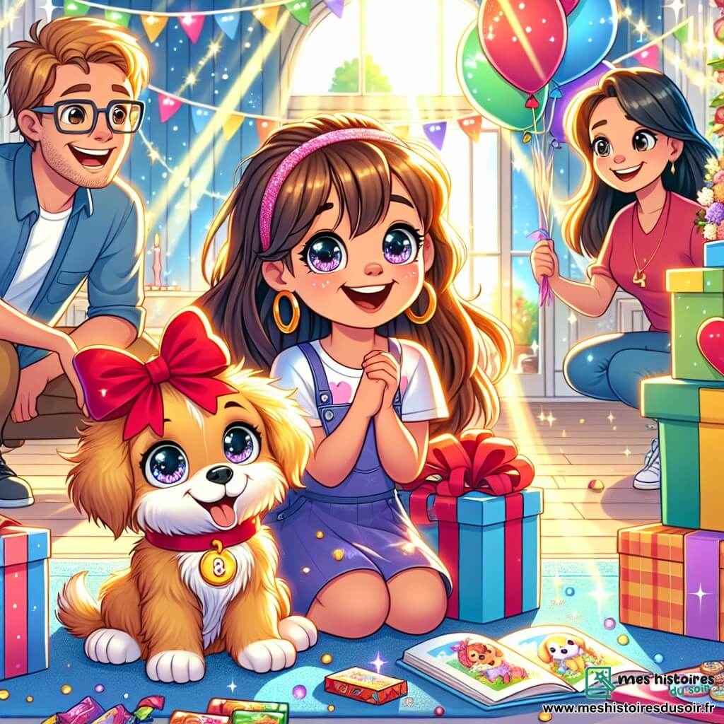 Une petite fille de 8 ans, Léa, avec de longs cheveux bruns et des yeux pétillants, sourit en découvrant un chiot au pelage doré avec un ruban rouge. Elle est agenouillée sur le sol, entourée de cadeaux colorés et d'un livre sur les animaux. Ses parents, une femme de 35 ans et un homme de 36 ans, se tiennent derrière elle, prêts à célébrer. La mère tient une boîte de chocolats et le père regarde Léa avec fierté. La scène se déroule dans un salon lumineux, décoré de ballons et de guirlandes, avec un grand gâteau d'anniversaire sur la table. Léa, émerveillée, découvre son cadeau surprise : le chiot qu'elle a toujours voulu.