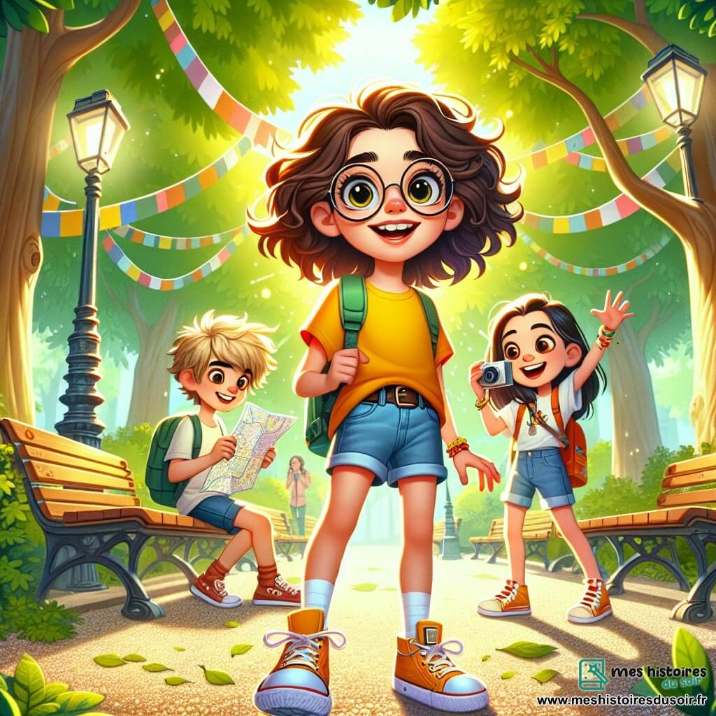 Lina, une fille de 12 ans aux cheveux châtains bouclés et lunettes rondes, se tient au centre de l'image, portant un t-shirt jaune et un short en jean, avec une expression joyeuse. À ses côtés, Milo, un garçon de 11 ans en baskets orange, examine une carte, tandis que Zoé, 12 ans, prend des photos avec son téléphone, souriante. Ils se trouvent dans un square verdoyant avec des platanes, des bancs en bois et des guirlandes colorées. La scène montre le trio en pleine enquête, cherchant des indices dans une ambiance festive et amicale.
