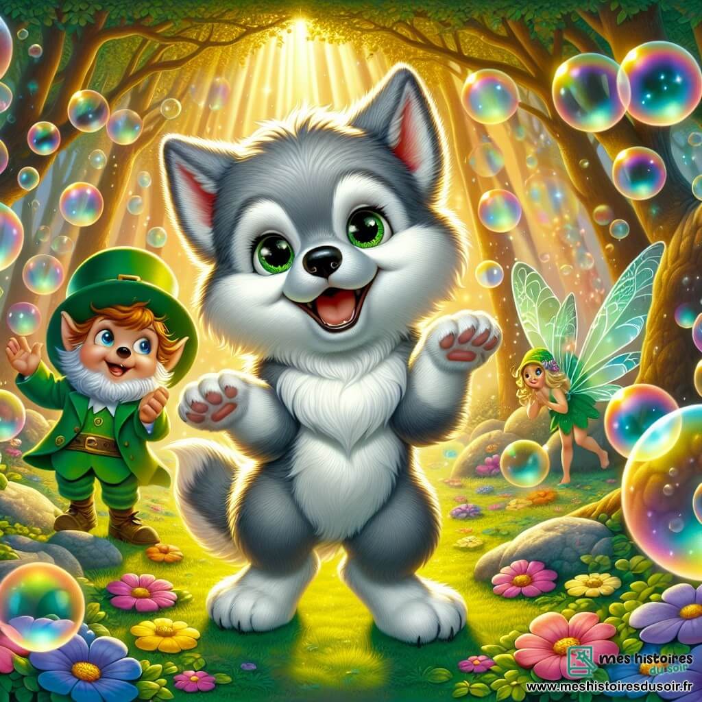 Au centre de l'image, Loupiot, un jeune loup au pelage gris-argenté, se tient debout sur ses pattes arrière, les yeux pétillants de malice et un grand sourire. Il est entouré de bulles de savon colorées, créant une ambiance joyeuse. À sa droite, un lutin au chapeau vert applaudit en riant, et à sa gauche, une fée aux ailes scintillantes danse autour des bulles. Le décor est une clairière enchantée, baignée de lumière dorée, entourée d'arbres majestueux et de fleurs multicolores. Loupiot, en jonglant avec les bulles qu'il a accidentellement créées, provoque des éclats de rire chez ses amis, transformant un moment de gaffe en fête magique.