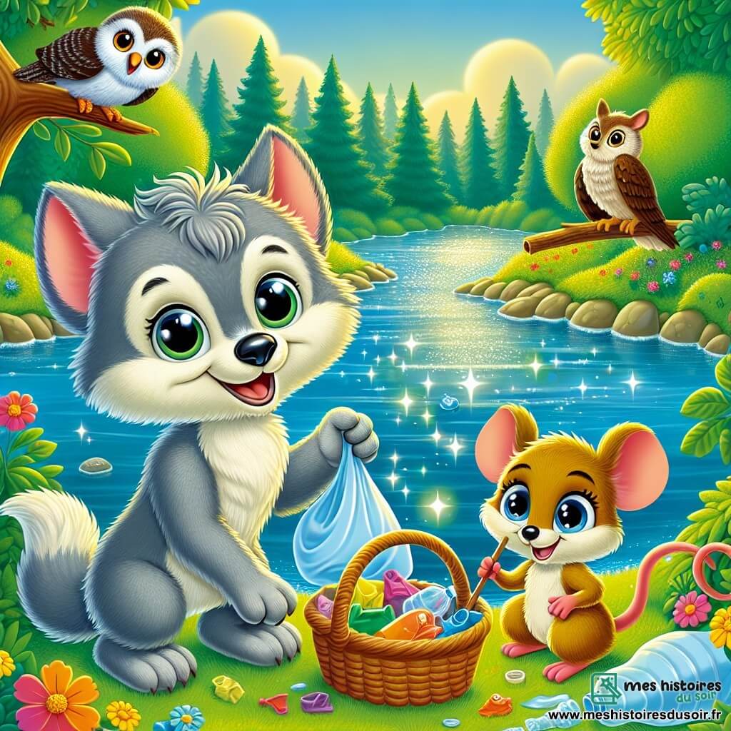 Un petit loup nommé Loupy, avec un pelage gris et des yeux curieux, se tient au bord d'une rivière scintillante, souriant et tenant un panier rempli de déchets colorés. À ses côtés, une petite souris brune ramasse un sachet en plastique avec détermination. Un hibou aux plumes marron, perché sur une branche, observe la scène avec bienveillance. Dans une forêt verdoyante entourée d'arbres majestueux et de fleurs colorées, Loupy et ses amis nettoient la rivière pour protéger leur environnement tout en partageant des rires.