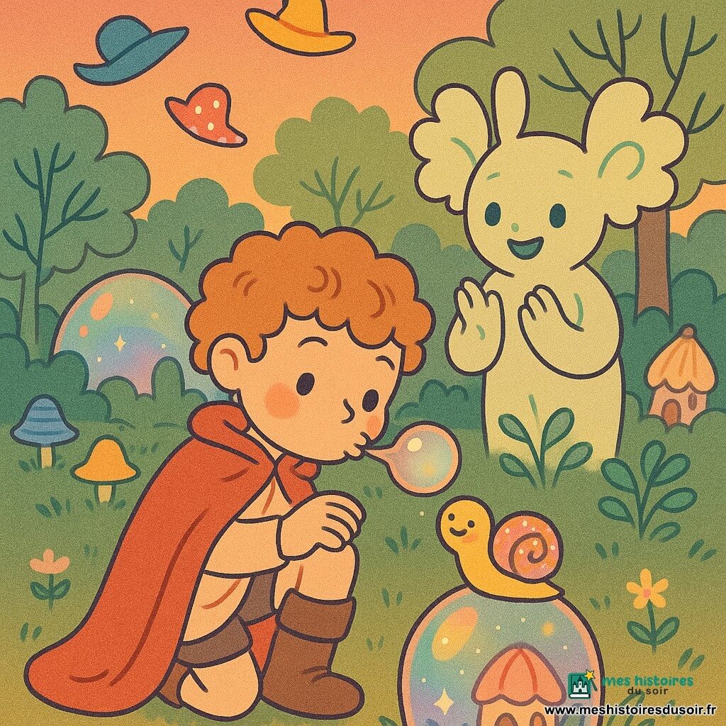 Prince Milo, garçon d'environ 7 ans au visage souriant et joues roses, cheveux bouclés caramel, porte une cape rouge trop longue et des bottes marron; il s'agenouille et souffle doucement sur une bulle collée à la joue d'un petit escargot doré et rose pour le faire rire; derrière lui Zuzu, créature gardienne aux grandes oreilles en forme de chou-fleur et yeux vert pâle, applaudit en agitant des feuilles; l'escargot minuscule flotte au-dessus du sol sur sa maison-bulle en souriant; autour, des chapeaux colorés tourbillonnent en cercle; la scène se passe dans une clairière au crépuscule sous un grand dôme de verre reflétant arcs-en-ciel et paillettes, herbe et fleurs luminescentes, arbres à feuilles en éventail et petites maisons aux toits en coquillage; ambiance tendre et drôle, couleurs chaudes et traits arrondis, textures de tissu et de verre scintillant.