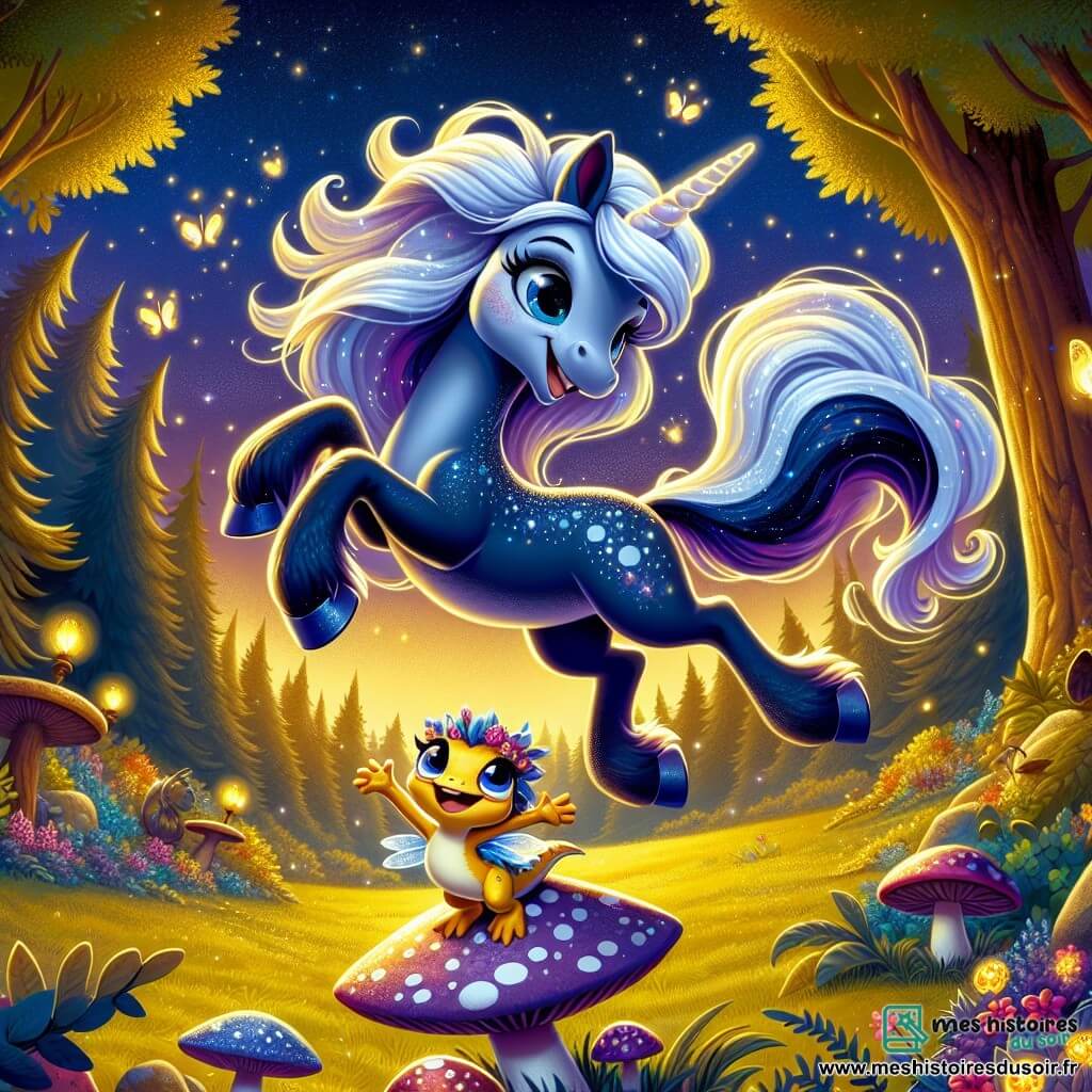 Noctille, une jeune licorne au pelage bleu nuit scintillant et à la crinière argentée, vole gracieusement dans les airs, son visage rayonnant de confiance et de joie. Ses grands yeux brillants reflètent l'excitation alors qu'elle exécute une pirouette au-dessus d'une clairière enchantée. À proximité, Piponne, une petite salamandre aux écailles dorées, saute sur un champignon, admirant son amie et l'encourageant avec un sourire. La scène se déroule dans une clairière magique, entourée d'arbres majestueux aux feuilles dorées, éclairée par la douce lumière de la lune et parsemée de fleurs colorées. Des lucioles dansent autour, ajoutant une touche féerique. Noctille, pleine de courage, se sent libre et épanouie, prête à conquérir ses peurs.