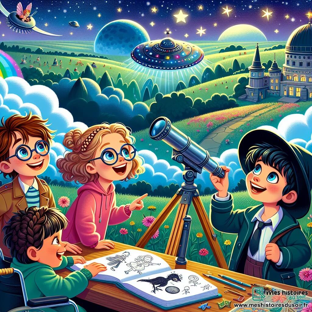 Quatre enfants émerveillés se tiennent ensemble : Lucas, 10 ans, avec des lunettes et des cheveux châtains, sourit en regardant le ciel ; Emma, 9 ans, aux cheveux blonds et bouclés, pointe vers une soucoupe volante ; Max, 11 ans en fauteuil roulant, sourit en tenant un carnet de croquis ; et Chloé, 10 ans, avec des cheveux noirs et une tresse, observe à travers un télescope. En arrière-plan, la colline de l’Observatoire est couverte de fleurs et d’herbe, sous un ciel étoilé et des nuages en forme de créatures fantastiques. Une soucoupe volante brillante flotte au-dessus d'eux, ajoutant une touche de magie. Les enfants découvrent un vaisseau extraterrestre, excités à l'idée de rencontrer Zylor, l'extraterrestre amical à l'intérieur.