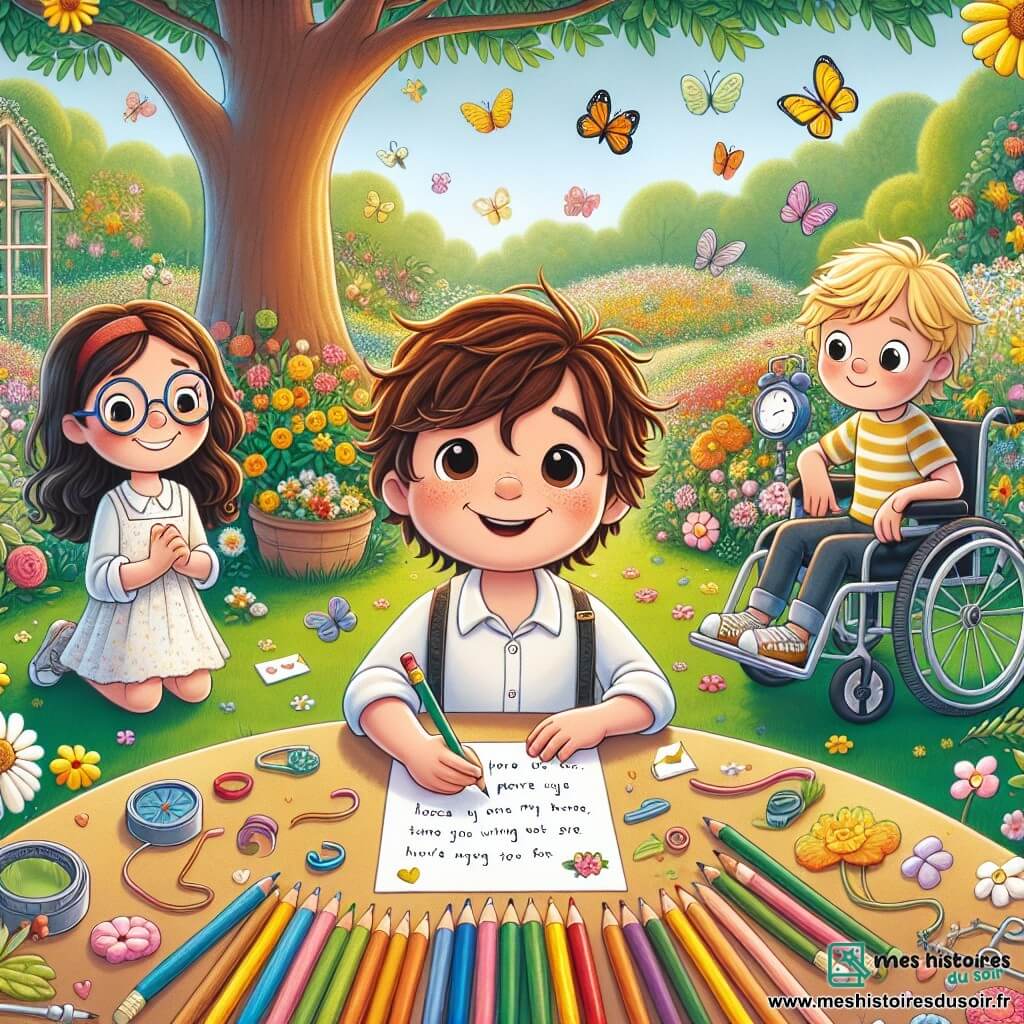 Dans un jardin coloré, Lucas, un garçon de 8 ans avec des cheveux ébouriffés et un sourire éclatant, se tient au centre, tenant une lettre. À sa droite, Emma, une fille de 7 ans avec de longs cheveux bruns et des lunettes rondes, le regarde avec excitation. À sa gauche, Sam, un garçon de 9 ans en fauteuil roulant, sourit et écoute attentivement. Le jardin est rempli de fleurs vives, de papillons et d'un grand arbre en arrière-plan, créant une atmosphère chaleureuse. Ils écrivent une lettre pleine d'amour et de soutien pour les parents de Lucas, entourés de crayons de couleur, symbolisant leur amitié et leur désir d'aider.
