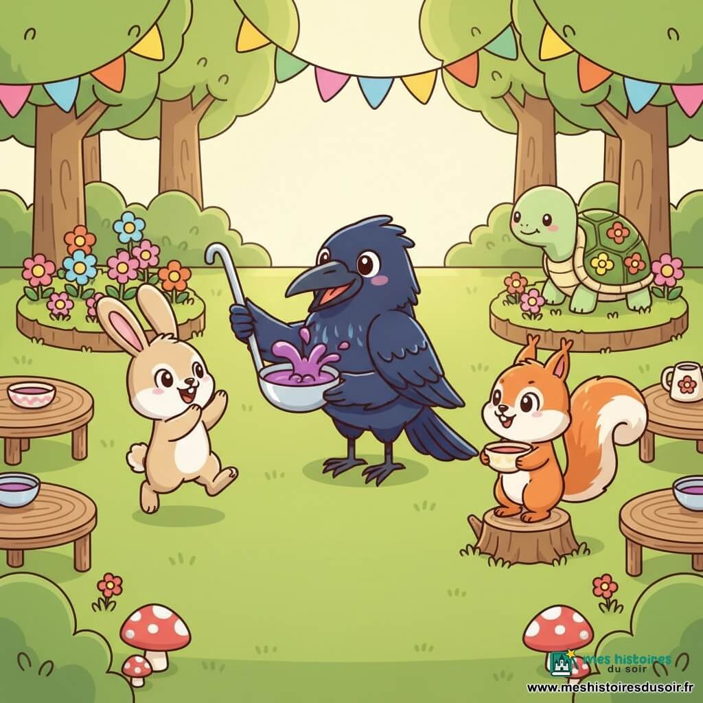 Câline le corbeau noir aux reflets bleus sert avec fierté une soupe violette d’une louche argentée tandis que Loulou le petit lapin beige applaudit joyeusement à gauche, Mimi l’écureuil roux attend avec un bol sur une souche à droite, et Madame Tortue sourit près d’un parterre de fleurs ; la clairière herbeuse est décorée de fanions, petites tables et champignons pour une fête enfantine aux couleurs vives, formes rondes et composition claire.