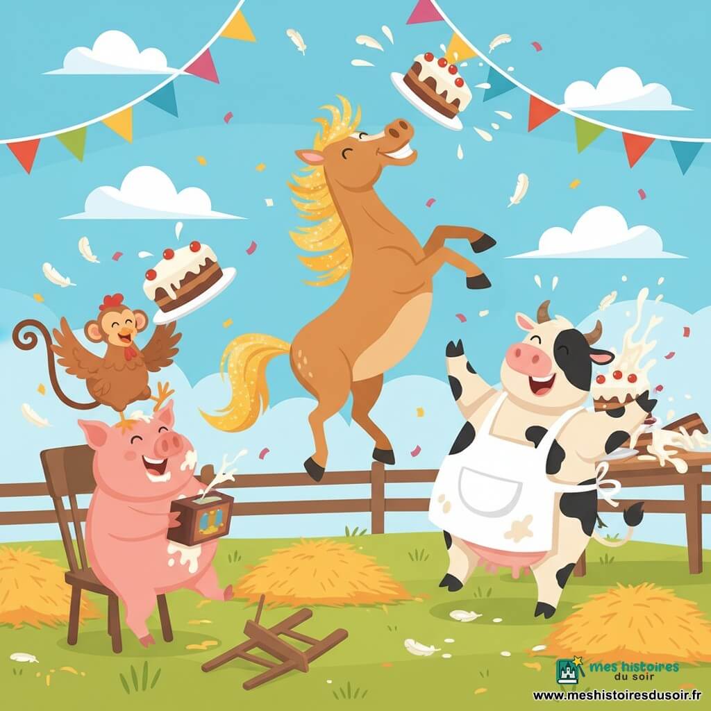 Pépito le cheval espiègle, crinière dorée, saute pour attraper un gâteau volant; Gertrude la vache ronde en tablier farineux rit en renversant une table; Gaston le cochon potelé, crème au museau, tient une boîte à musique; Poupette la poule rousse bat des ailes sur une chaise; Zouzou le petit singe perché sur Gaston menace de lancer un énorme gâteau; le tout dans une ferme colorée avec herbe verte, tas de foin, banderoles et ciel bleu — fête chaotique et joyeuse de gâteaux, crème et confettis.