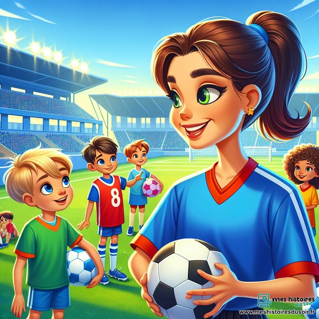 Zoé, footballeuse professionnelle, se tient sur le terrain de football, cheveux bruns en queue de cheval, maillot bleu vif et short noir. Bien qu'elle sourie chaleureusement, ses yeux révèlent une légère tristesse après la défaite. Elle est entourée d'enfants de 8 à 10 ans avec des ballons colorés. Un garçon blond en maillot rouge lève son ballon en souriant, tandis qu'une fille aux cheveux bouclés en maillot vert l'écoute avec admiration. Le stade est grand, avec des gradins vides et un ciel bleu éclatant. L'herbe est verte et le soleil brille, créant une ambiance joyeuse malgré la défaite. Zoé parle aux enfants de l'importance du travail d'équipe et du plaisir de jouer au football, tout en signant des maillots avec un grand sourire.