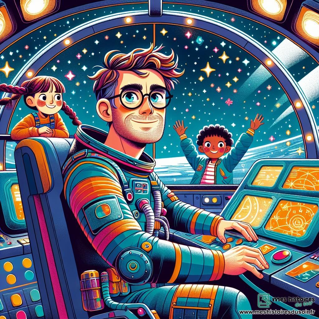 Monsieur Léo, un homme d'une trentaine d'années avec des cheveux ébouriffés et des lunettes rondes, est assis dans son vaisseau spatial, les yeux brillants d'excitation. Il porte une combinaison spatiale colorée et sourit en regardant les étoiles à travers le hublot. À l'arrière-plan, ses amis, une fille de dix ans avec des couettes et un garçon de douze ans avec un chapeau de pilote, l'encouragent. La fille tient un petit outil, tandis que le garçon fait un geste de victoire. Le cockpit futuriste est rempli de boutons lumineux et d'écrans affichant des cartes stellaires. À l'extérieur, l'espace est parsemé d'étoiles et d'une planète colorée à l'horizon. Monsieur Léo est prêt à décoller, déterminé à explorer l'univers.