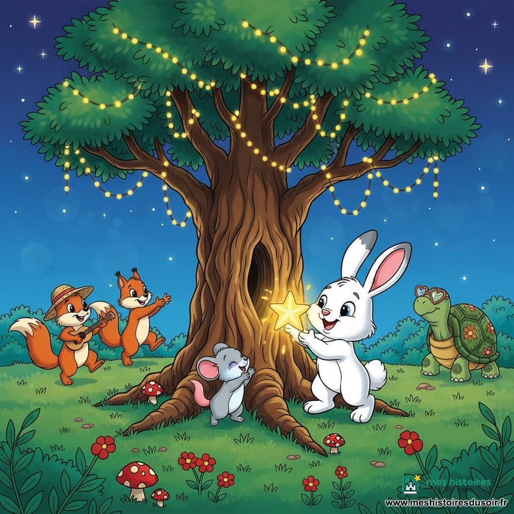 Un petit lapin blanc nommé Léo, aux grandes oreilles et yeux pétillants, sourit en tenant une étoile brillante qu'il place sur une branche basse d'un grand arbre ancien ; une vieille tortue à lunettes en forme de cœur, carapace verte à motifs floraux, le regarde bienveillante depuis un buisson ; une petite souris grise aux joues roses lève les pattes en signe de joie près du tronc ; un écureuil roux coiffé d'un chapeau de paille et un renard brun jouant de la guitare dansent à gauche ; la clairière magique, herbe fleurie et champignons à pois, est baignée d'une atmosphère nocturne chaleureuse avec un ciel étoilé, guirlandes de lumières jaunes, textures douces et palette lumineuse, ambiance festive et accueillante.