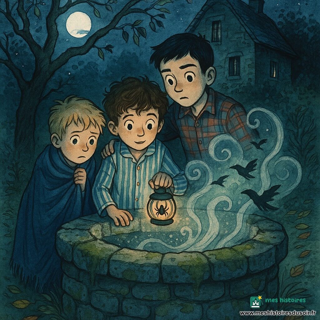 Trois garçons dans un jardin nocturne devant une vieille maison en pierre : Léon, ~8 ans, châtain bouclé, pyjama rayé, veilleuse araignée à la main, penché vers un puits ancien en pierres grises moussus au centre, visage curieux ; Basile, ~7 ans, blond en bataille, blotti sous une couverture bleue à gauche, prudent ; Malo, ~10 ans, grand, cheveux noirs courts, chemise à carreaux à droite, bras protecteur autour des autres, regard fixé dans le puits. Une pleine lune voilée éclaire argenté la scène, brume légère serpentant autour des racines et des feuilles mortes; du puits montent volutes de fumée argentée et silhouettes ombrées (corbeau, lune) qui suggèrent une histoire. Atmosphère de conte légèrement effrayant mais chaleureuse, illustration à l’encre colorée, lignes fines, lavis de bleus, verts et gris, ombres marquées et textures sur la pierre et les tissus.