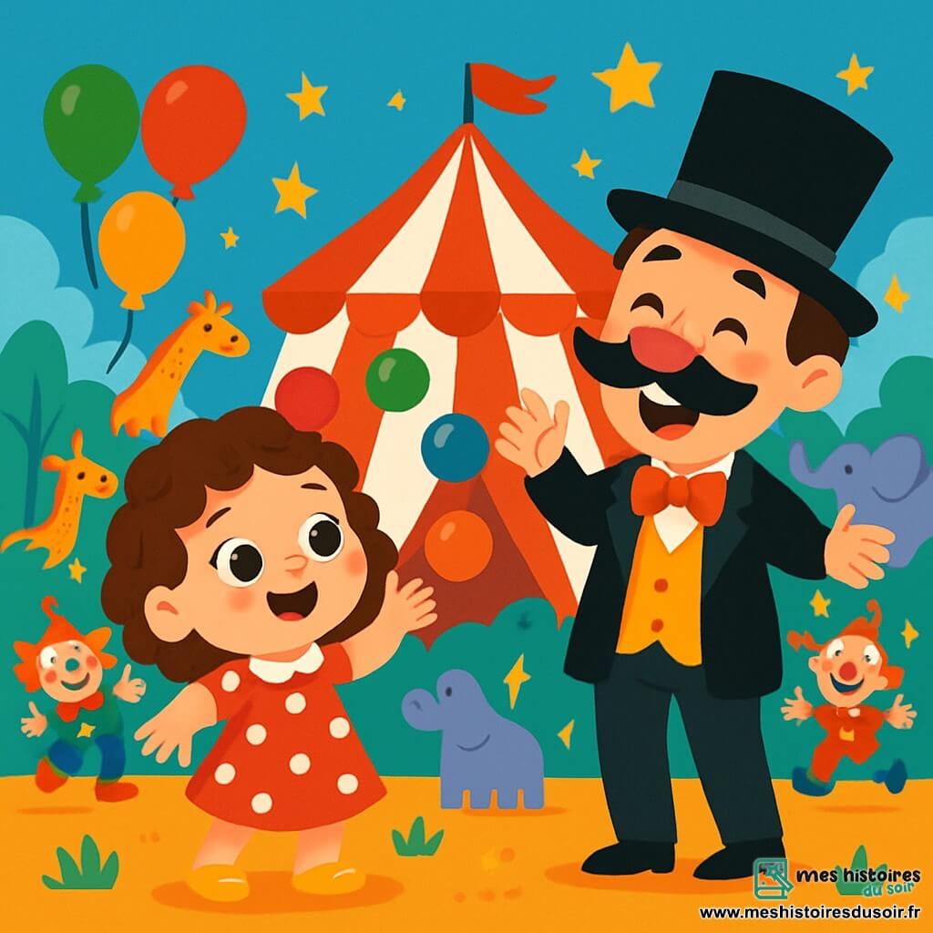 Une petite fille de 2 ans, Lili, sourit en essayant de jongler avec des balles colorées. Elle porte une robe rouge à pois blancs et des chaussures jaunes. Monsieur Pipo, un homme d'une cinquantaine d'années avec un chapeau haut de forme et une moustache amusante, l'encourage en riant. Le cirque est magique, avec des lumières scintillantes, des tentes rayées et des animaux colorés. Lili fait tomber les balles, provoquant des rires autour d'elle. L'atmosphère est joyeuse, pleine de couleurs vives et de sourires.