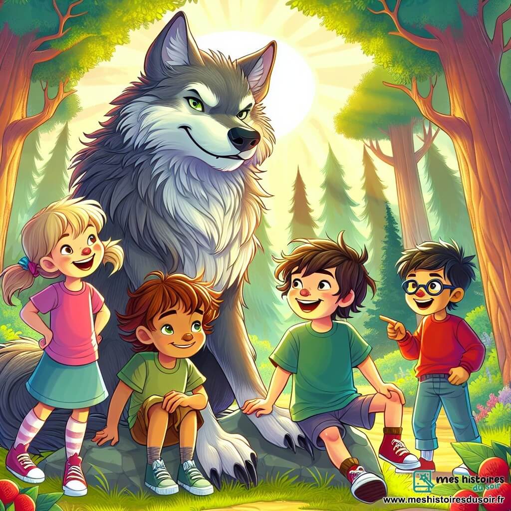 Dans une forêt enchantée, quatre enfants se tiennent au centre de la scène. Léa, 8 ans, observe un loup avec curiosité. Max, 7 ans, est un peu inquiet mais fasciné. Sofia, 9 ans, sourit avec encouragement, tandis que Tom, 6 ans, pointe le loup avec enthousiasme. Le loup, majestueux avec son pelage gris et ses yeux brillants, semble triste mais amical. La scène se déroule dans une clairière ensoleillée, entourée d'arbres et de fleurs colorées, avec des papillons ajoutant de la magie. Les enfants et le loup jouent ensemble, illustrant une amitié naissante.