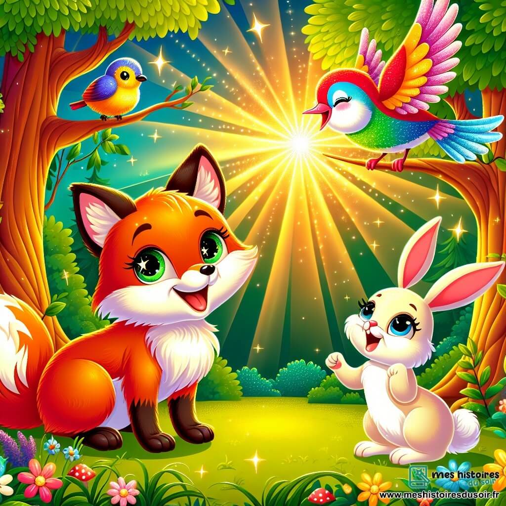 Un renard aux poils roux et aux yeux curieux se tient au centre de la scène, souriant. À ses côtés, un oiseau aux plumes multicolores chante, perché sur une branche. Un lapin blanc aux grandes oreilles observe, assis sur l'herbe. La scène se déroule dans une forêt enchantée avec des arbres majestueux, des feuilles brillantes et des fleurs colorées. Des rayons de soleil filtrent à travers les branches, créant une ambiance magique. Ensemble, ils découvrent une grotte scintillante où des étoiles dansent autour d'eux, illuminant leurs visages de joie.