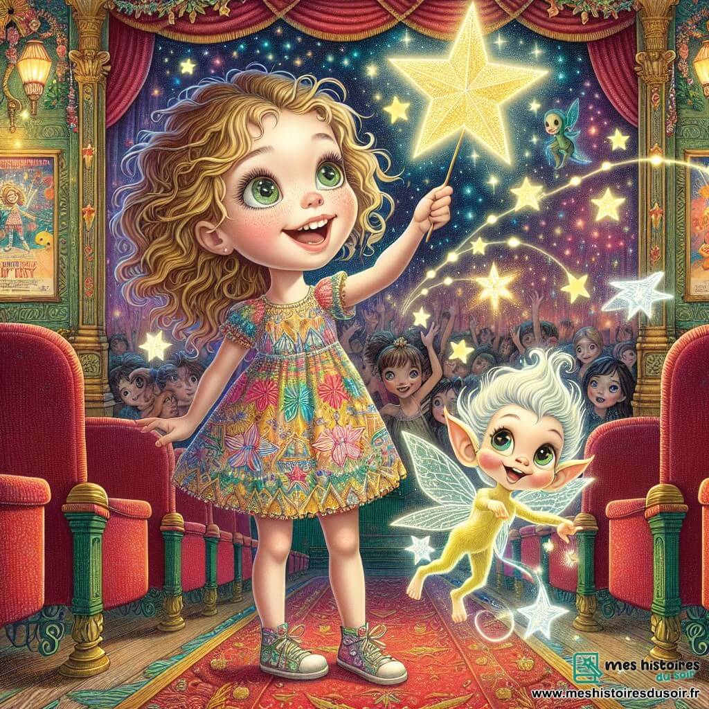 Une petite fille de 8 ans, Lila, avec des cheveux bouclés dorés, porte une robe colorée à motifs d'étoiles. Elle sourit avec émerveillement en tendant la main vers une étoile scintillante. À ses côtés, Pipo, un farfadet espiègle, jongle avec d'autres étoiles filantes, rayonnant de joie. Le décor est un vieux cinéma coloré, avec des affiches de films animés, des lumières scintillantes et un sol en tapis rouge. Lila et Pipo sont en pleine chasse aux étoiles, prêts à attraper une étoile brillante qui illumine le cinéma.