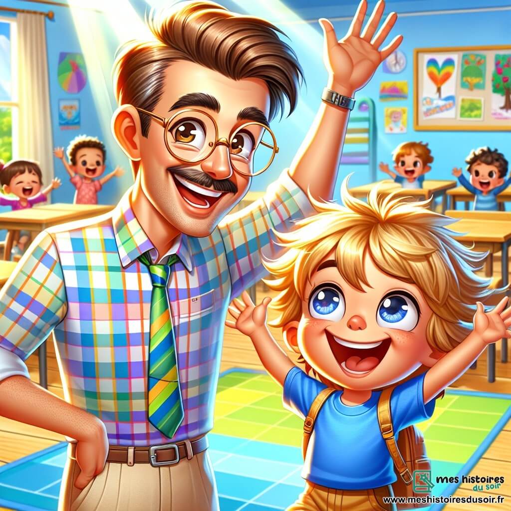 Monsieur Paul, un instituteur souriant d'une quarantaine d'années aux cheveux bruns et lunettes rondes, se tient au centre de la classe, l'air joyeux et enthousiaste, levant les bras comme pour annoncer une grande nouvelle. À ses côtés, Nino, un petit garçon de 7 ans aux cheveux blonds en bataille et t-shirt bleu, saute de joie, souriant largement. La scène se déroule dans une salle de classe lumineuse, décorée de dessins d’enfants et d'affiches colorées, où des rayons de soleil filtrent à travers les fenêtres. Monsieur Paul annonce une grande fête de fin d’année, suscitant l'excitation et la joie des enfants qui applaudissent et rient.