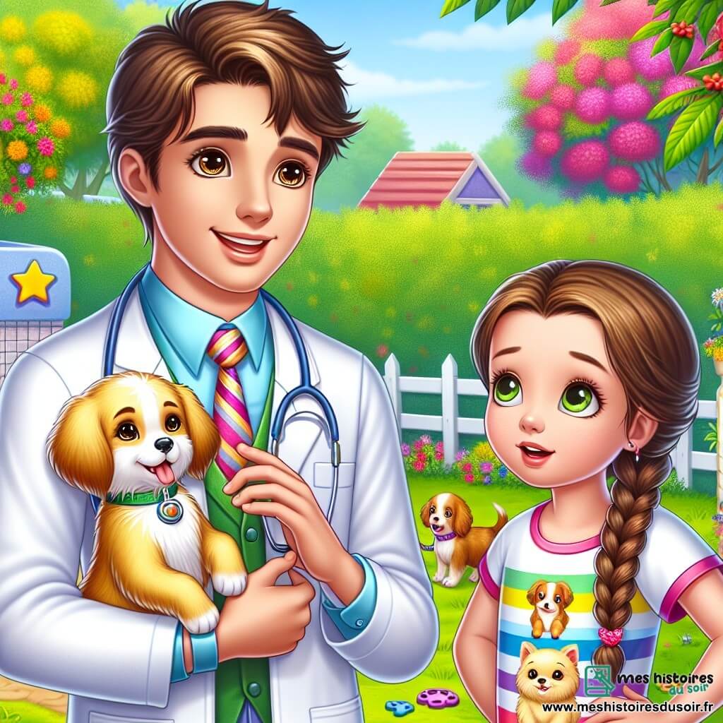 Lucas, un jeune vétérinaire souriant, porte une blouse blanche et un stéthoscope. Il examine un petit chiot doré avec fierté et bienveillance. À ses côtés, Clara, une fillette de 10 ans aux cheveux bruns tressés, l'observe avec admiration. En arrière-plan, un jardin coloré de la clinique vétérinaire ajoute une ambiance joyeuse. Lucas rassure le chiot en lui parlant doucement, tandis que Clara écoute attentivement, fascinée par leur connexion.