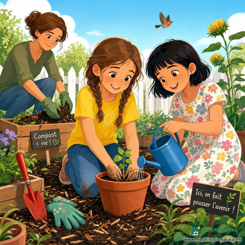 Camille, 10 ans, joyeuse et fière, cheveux châtains en tresses, porte un t‑shirt jaune et un jean en plantant une petite pousse dans un pot en terre, mains un peu terreuses; à droite, Jade, 10 ans, enthousiaste, cheveux courts noirs et robe à fleurs, arrose doucement la plante avec un arrosoir bleu; en arrière‑plan à gauche, la mère, chaleureuse et décontractée, ajoute du compost dans un bac en bois. Le petit jardin lumineux, clôturé en bois blanc, montre terre sombre, paillis, bacs, outils colorés et quelques tournesols en bouton sous un ciel bleu clair, évoquant un moment de jardinage collectif et d'apprentissage écologique; style aux couleurs vives, formes simples et arrondies, textures plates et ombres douces, composition centrée sur les enfants et la pousse.