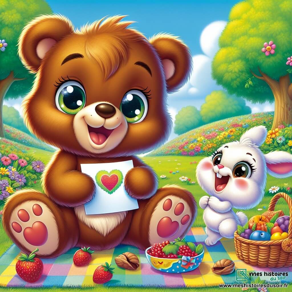 Grizzou, un petit ours brun avec un pelage doux et des yeux pétillants, est assis sur une nappe colorée dans un parc verdoyant. Il sourit en tenant une carte faite main avec un cœur pour sa maman. À côté de lui, Pipo, un petit lapin blanc aux grandes oreilles, saute de joie avec une fleur colorée à offrir à Maman Ours. Le parc est ensoleillé, avec des arbres majestueux, des fleurs éclatantes et un ciel bleu. Grizzou et Pipo préparent un pique-nique surprise pour Maman Ours, entourés de baies, de noix et de cartes d’amour, prêts à célébrer la fête des mères dans une ambiance joyeuse.