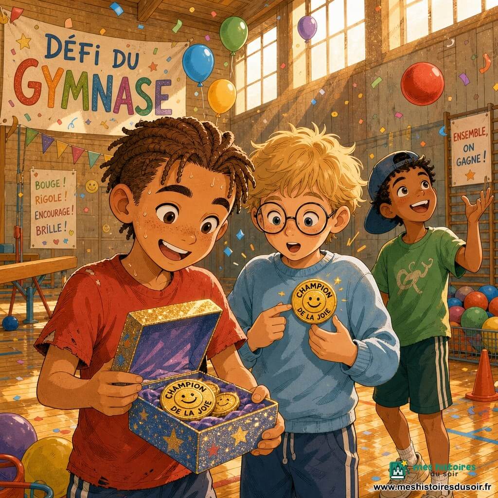 Trois garçons — un garçon de 9 ans aux cheveux châtains courts, t-shirt rouge usé, tenant une boîte pailletée ouverte légèrement à gauche ; un garçon de 8 ans blond aux lunettes rondes et sweat bleu clair, admirant un badge doré "Champion de la joie" au centre-plan ; un garçon de 9 ans à la peau plus foncée, cheveux noirs bouclés et casquette à l’envers, lançant un ballon rouge à l’arrière — dans un vieux gymnase en bois éclairé par des rayons de soleil jaunis, sol en parquet brillant, ballons multicolores éparpillés et un poster "Défi du gymnase" au mur ; ils découvrent des badges dorés souriants dans la boîte, entourés de confettis et de ballons, éclatant de rire dans une ambiance chaleureuse et victorieuse.
