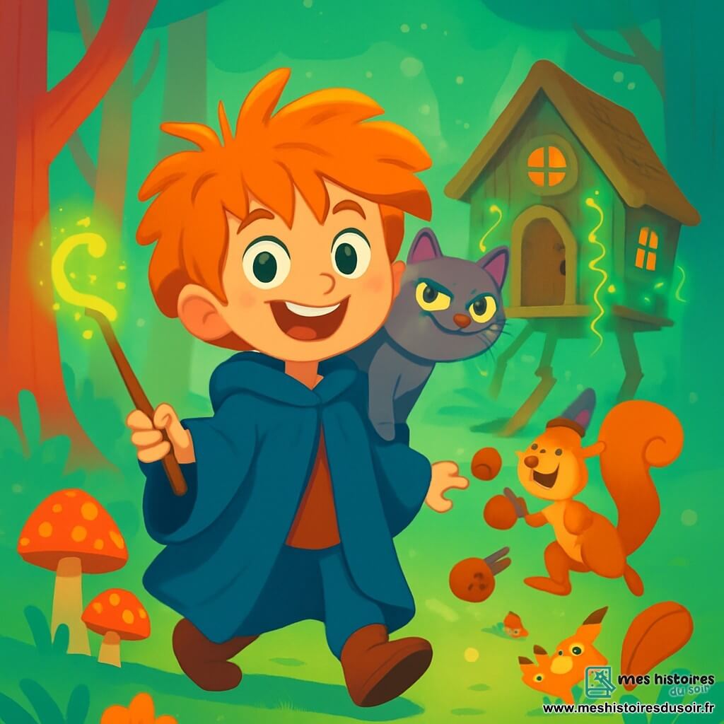Milo, un apprenti sorcier de huit ans, a des cheveux indomptés et des yeux pétillants. Il porte un manteau trop grand et tient une baguette en bois de saule. À ses côtés, Pistache, une chatte grise aux yeux verts, est perchée sur son épaule, tandis que Noé, un écureuil magicien, jongle avec des noisettes. La scène se déroule dans la forêt enchantée de la Vallée des Merveilles, avec des arbres colorés et des éléments magiques. Ils se tiennent devant une cabane sur des pattes de poule, prêts à découvrir le mystère de la Brume Émeraude et à rencontrer la sorcière Babouline.