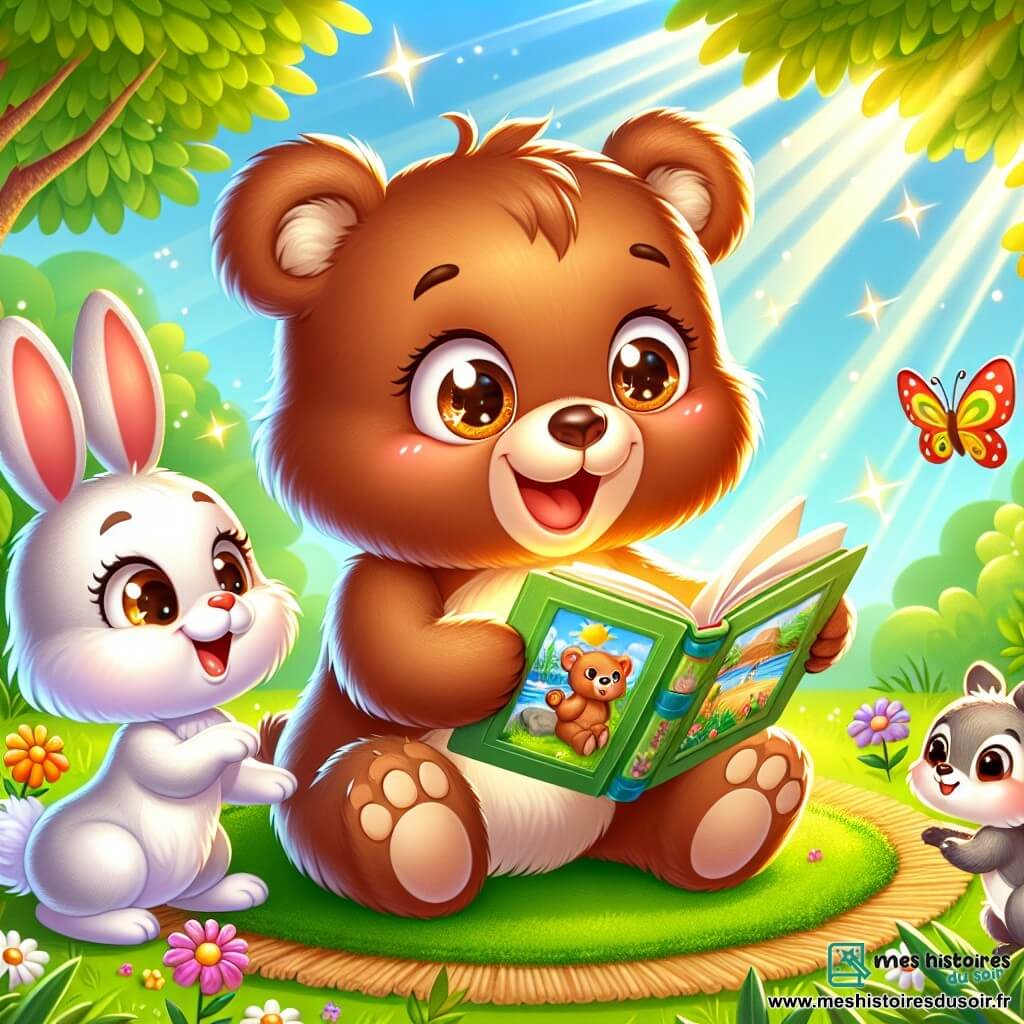 Petit Ours, un ours brun aux grands yeux pétillants, est assis sur un tapis de verdure avec un livre illustré sur les vacances d'été. Il sourit émerveillé, tandis qu'un rayon de soleil éclaire son pelage doux. À ses côtés, un petit lapin blanc et un écureuil gris regardent le livre avec excitation. La scène se déroule dans une clairière ensoleillée entourée d'arbres et de fleurs colorées, avec des papillons volant autour d'eux. Petit Ours et ses amis découvrent les merveilles de l'été à travers les pages du livre, remplis d'enthousiasme pour leurs futures aventures.