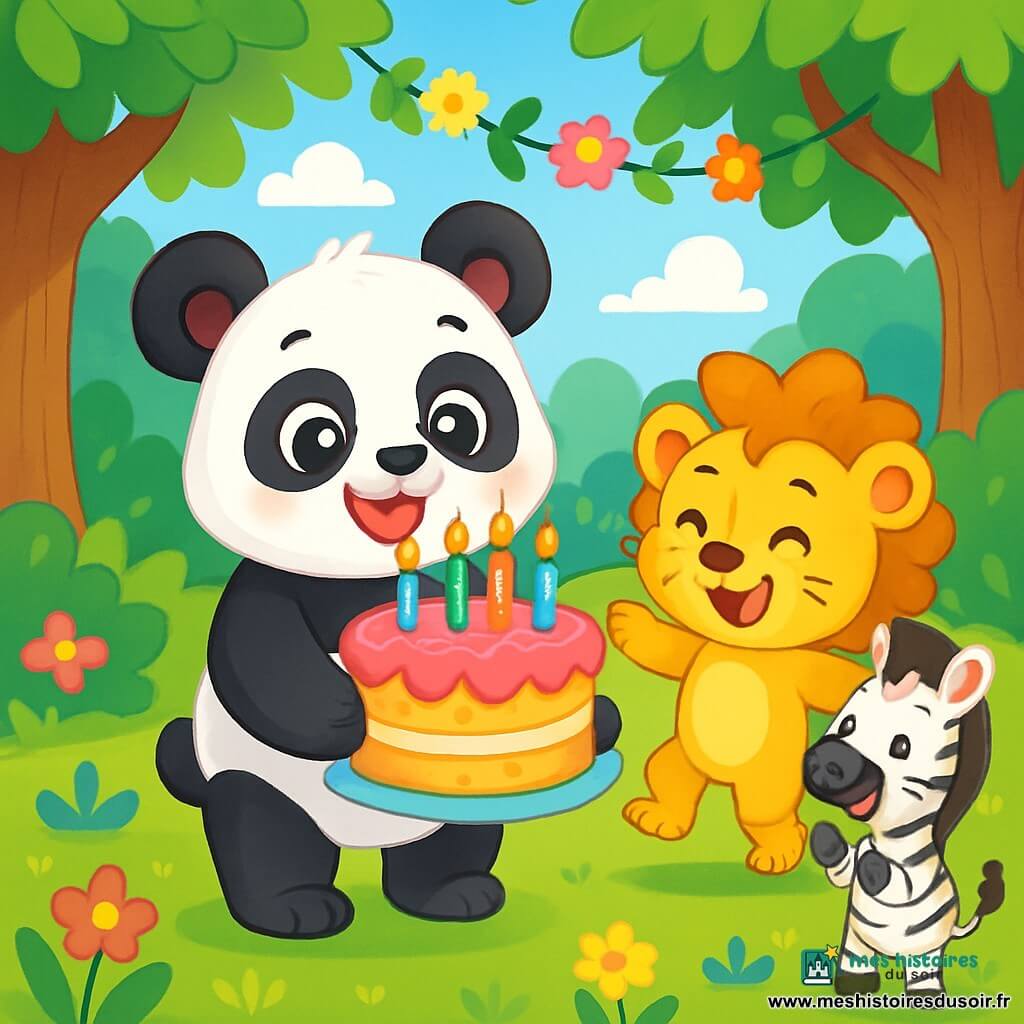 Poppy le panda, un adorable panda aux grandes oreilles rondes et au pelage noir et blanc, sourit en tenant un grand gâteau d'anniversaire décoré de bougies colorées. Ses yeux pétillent de bonheur au centre d'une clairière ensoleillée. À côté de lui, Léo le lionceau danse gaiement, tandis que Zoé la zèbre applaudit avec enthousiasme. La clairière, entourée de grands arbres et parsemée de fleurs colorées, crée une ambiance festive. Poppy et ses amis célèbrent un anniversaire magique, remplis de rires et de bonheur.