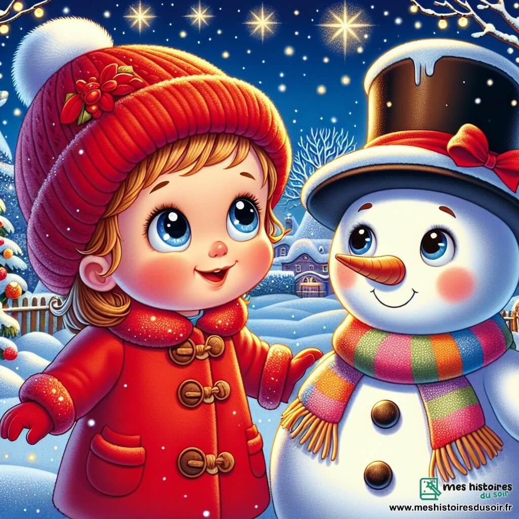 Une petite fille d'un an, avec de grands yeux brillants et des joues roses, porte un manteau rouge vif et un bonnet en laine. Elle sourit en regardant un bonhomme de neige nommé Flocon, qui est rond, joyeux, avec un chapeau noir et une écharpe colorée. En arrière-plan, un jardin enneigé est illuminé par des guirlandes scintillantes, sous un ciel bleu parsemé d'étoiles. La petite fille et Flocon, émerveillés par la magie de Noël, sont entourés de flocons de neige qui tombent doucement.