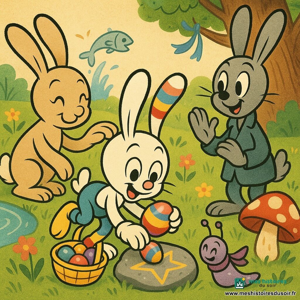 Lino, petit lapin blanc aux grandes oreilles souples et aux yeux ronds, souriant, porte des chaussettes rayées colorées (l'une posée sur l'oreille), tient un panier jaune rempli d'œufs peints brillants et pose l'œuf multicolore central sur une pierre plate avec une étoile jaune dessinée à la craie; Maman Lapine, douce et beige, se tient derrière à gauche en lui caressant la tête, Papa Lapin, grand et gris, est à droite la patte levée comme pour applaudir, Lila la limace brillante au foulard violet fait une petite révérence près d'un champignon rouge à pois blancs, un poisson argenté saute dans un ruisseau bleu clair à l'arrière-plan; jardin printanier coloré avec herbe verte, fleurs roses et jaunes, ruisseau à gauche, grand chêne à droite avec un ruban bleu flottant, ambiance lumineuse et festive, couleurs vives et contours noirs souples de style cartoon rétro.
