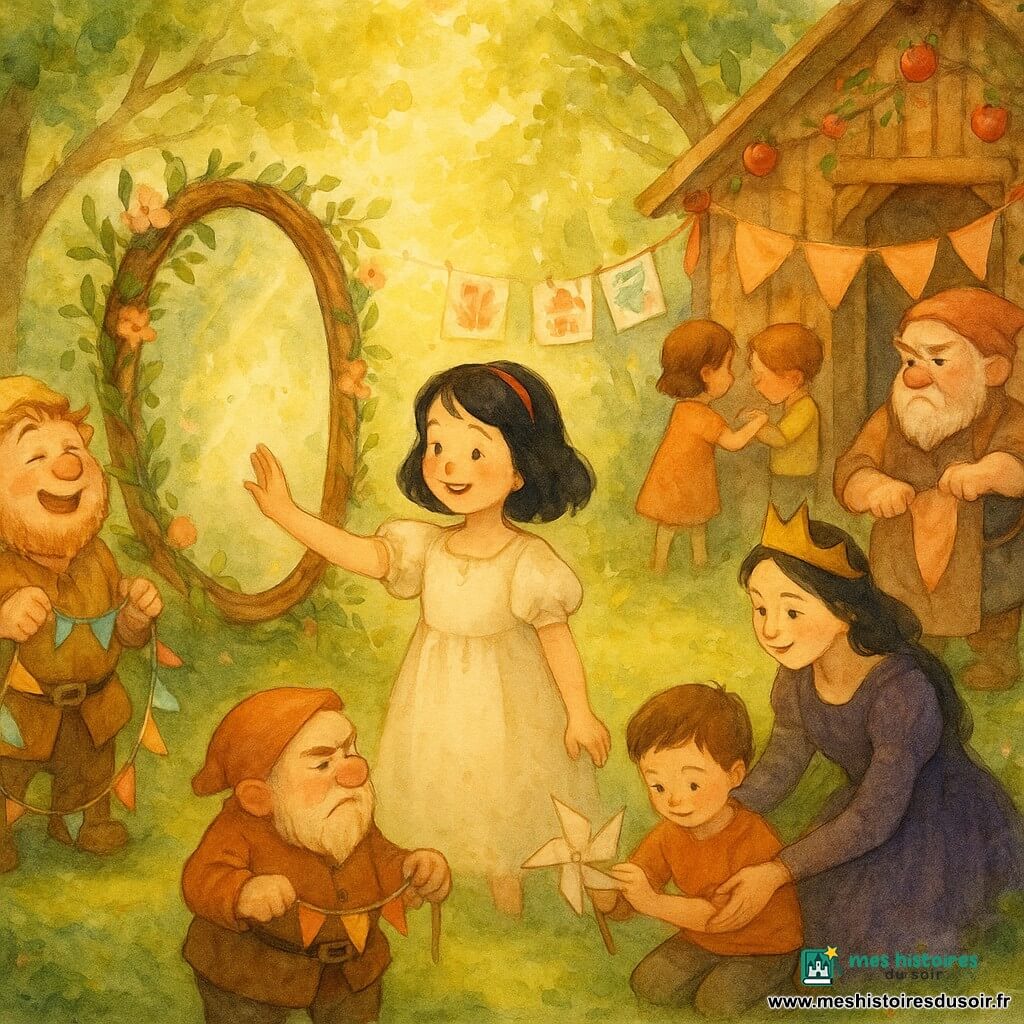Blanche‑Neige, au centre, souriante, cheveux noirs brillants et peau claire, en robe crème à manches bouffantes, tend la main vers un grand miroir en bois encadré de branches, fleurs et lianes qui reflète des visages joyeux ; Joyeux, nain aux cheveux en bataille et petite barbe rousse, rit en tenant des guirlandes à gauche ; Grincheux, nain bougon au tablier poussiéreux, ajuste une bannière près de la cabane à droite ; la Reine, atténuée, en robe sombre aux reflets pourpres, aide un garçon à construire un moulin en papier devant la clairière ; deux enfants accrochent des dessins sur une corde entre les arbres près de la cabane ; tous forment un cercle autour du miroir, complices et riant dans une clairière baignées de lumière dorée, tapis de mousse, cabane décorée de rubans et pommes, lanternes aux branches, palette douce et textures aquarelle.