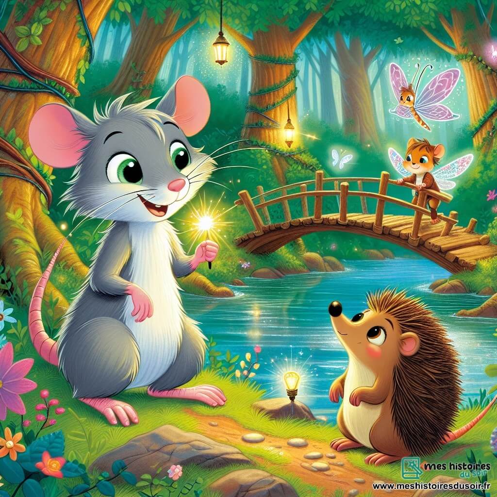 Un petit rat nommé Rémi, avec une fourrure grise douce et des yeux curieux, se tient au bord d'une rivière scintillante, souriant malicieusement. À ses côtés, Lila la luciole, avec son corps lumineux, vole joyeusement en éclairant le chemin, tandis que Gustave le hérisson, avec ses piquants bruns, observe la scène avec émerveillement. La forêt enchantée les entoure, avec des arbres majestueux et des fleurs colorées. Rémi réfléchit à une énigme, Lila éclaire un vieux pont en bois menant à l'aventure, et Gustave se prépare à traverser la rivière, tous unis dans leur quête de trésor caché.