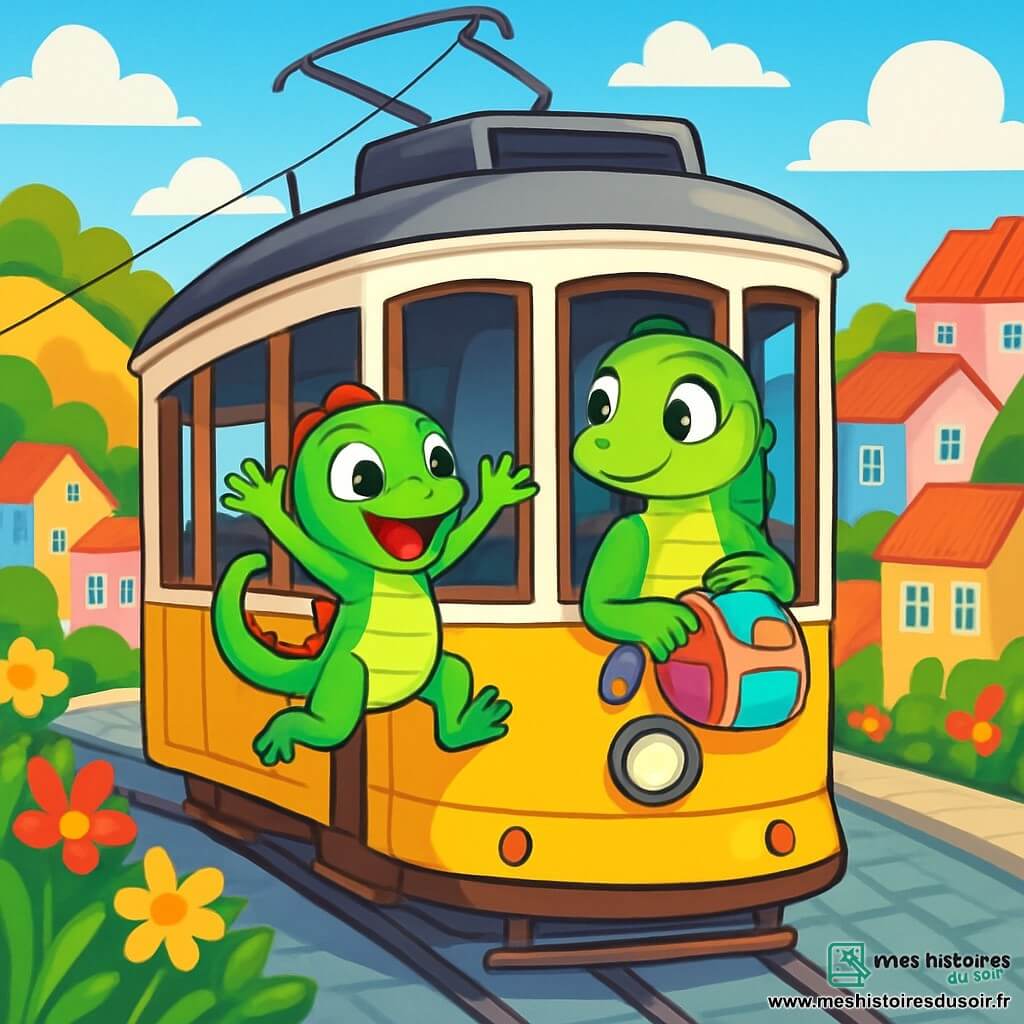 Léo, un petit lézard vert vif aux écailles brillantes, saute de joie dans un vieux tram jaune, ses yeux ronds émerveillés. Il sourit, prêt à explorer le monde. À côté de lui, sa maman, Madame Léa, le regarde avec tendresse, fière, tenant un petit sac à dos coloré rempli de collations. Le tram est entouré de collines colorées, de maisons pastel et de fleurs éclatantes, sous un ciel bleu parsemé de nuages blancs. Léo et sa maman découvrent la magie de Lisbonne, émerveillés par les paysages vibrants, tandis que le tram avance lentement, émettant un doux « ding-ding ».