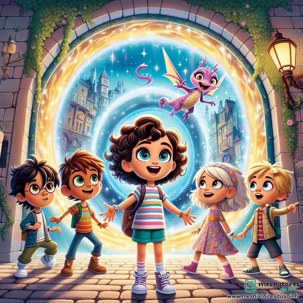 Au centre de l'image, Lila, une petite fille de huit ans aux cheveux bouclés, se tient devant un grand portail scintillant, prête à entrer dans un monde magique. À sa droite, Max, un garçon curieux avec des lunettes, regarde le portail avec émerveillement. À gauche, Mia, une fille aux cheveux longs, pointe du doigt une créature magique qui vole au-dessus d'eux. Derrière, Sam tient un petit dragon, tandis que Tom fait une grimace en regardant le portail. Le lieu est un vieux quartier urbain avec des bâtiments anciens et une atmosphère mystérieuse. Les cinq amis sont réunis devant le portail magique, excités par l'aventure qui les attend.
