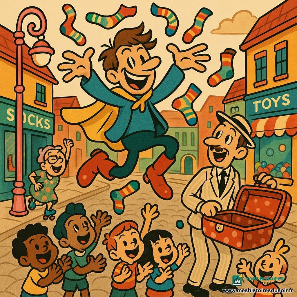 Super Zigoto, souriant et malicieux, cheveux bruns en bataille, petite cape jaune fluo chiffonnée, veste bleue trop grande et bottes rouges, saute en lançant une pluie de chaussettes multicolores; à sa droite, un touriste d'une quarantaine d'années, surpris et joyeux, peau claire, moustache fine, costume à rayures pâles et grosse valise à pois rouges ouverte, attrape une chaussette; une vieille dame en rollers, robe fleurie et lunettes rondes rit depuis une ruelle; des enfants de 6–9 ans applaudissent et lancent des balles bleues près d'une piscine à boules; décor : place centrale de Zigorville aux trottoirs pavés, lampadaires rose bonbon, banderole «Piscine à Boules» et boutiques colorées; ambiance dynamique et joyeuse, style exagéré rubber hose, postures rondes, couleurs saturées, contours noirs épais.