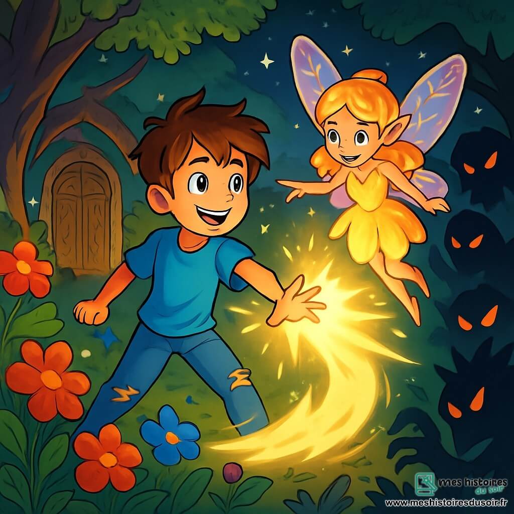 Félix, un garçon de 10 ans aux cheveux châtains en bataille et aux yeux curieux, se tient au centre de l'image, vêtu d'un t-shirt bleu vif et d'un jean déchiré, affichant une expression d'excitation. À ses côtés, Lila, une petite fée aux ailes scintillantes, flotte dans les airs, avec des cheveux dorés et une robe en pétales de fleurs luminescentes, souriant en lui montrant comment créer de la lumière. Le décor est un jardin secret magique, rempli de fleurs éclatantes et illuminé par des lucioles. Des arbres aux troncs noueux l'entourent, et au fond, une porte en bois sculpté s'ouvre sur un monde fantastique. Félix et Lila conjurent une vague de lumière pour repousser des ombres menaçantes, créant une atmosphère magique et tendue.