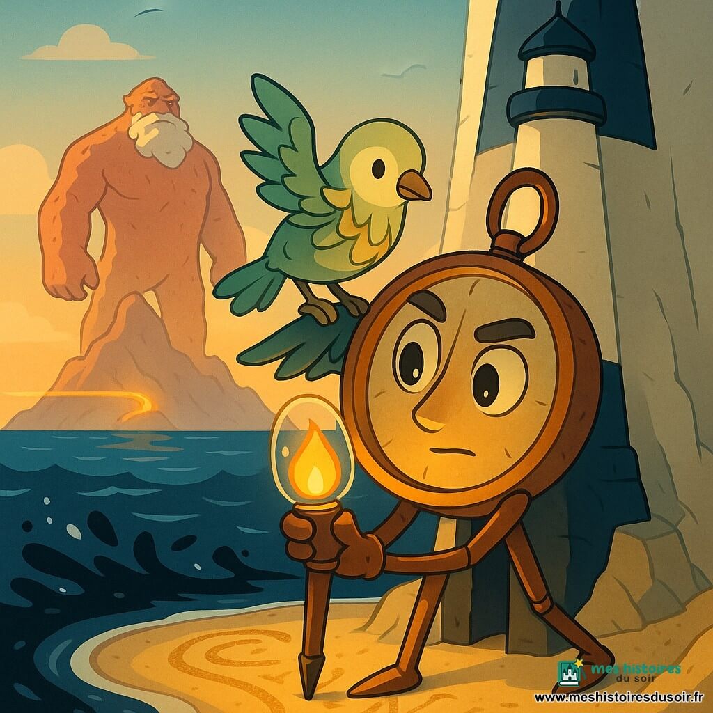 Un compas anthropomorphe en cuivre légèrement cabossé, aux yeux gravés expressifs, tient une petite ampoule en verre contenant une flamme dorée vacillante devant le socle d’un phare, prêt à l’y insérer. Perché sur son épaule, Icarette, un petit oiseau messager aux plumes de laurier vert pâle et or, tend une aile protectrice vers l’ampoule. Au loin, Néréon, géant de corail à la peau orange-rosé et barbe d’écume, se tient au bas de la falaise, plus grand et fier. Le phare est sculpté dans une falaise de papier aux bords déchirés, au-dessus d’une mer d’encre noire brillante, avec un sentier en spirale tracé de traits de crayon et de lettres-sable scintillantes. Moment de calme avant l’action : la flamme s’éveille et trace une ligne lumineuse vers l’horizon, créant une atmosphère d’espoir et de responsabilité, éclairant chaudement les visages métalliques et produisant des reflets dorés sur le verre.