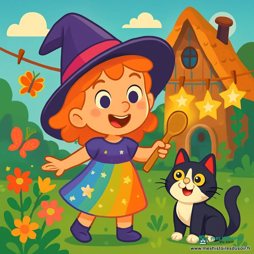 Pétronille, une apprentie sorcière de cinq ans, se tient dans un jardin enchanté, avec des yeux curieux et un large sourire. Elle porte une robe magique arc-en-ciel ornée d'étoiles scintillantes et tient une cuillère en bois qui ressemble à une baguette. À ses côtés, Croc-Moustache, un chat noir et blanc, est assis sur l'herbe, prêt à bondir. Le jardin est rempli de fleurs colorées, de papillons et d'une corde à linge avec des étoiles en papier illuminées. Pétronille essaie de faire briller les étoiles en les caressant et en murmurant des mots doux, tandis que Croc-Moustache l'encourage en ronronnant. L’atmosphère est magique et joyeuse, pleine de couleurs vives.