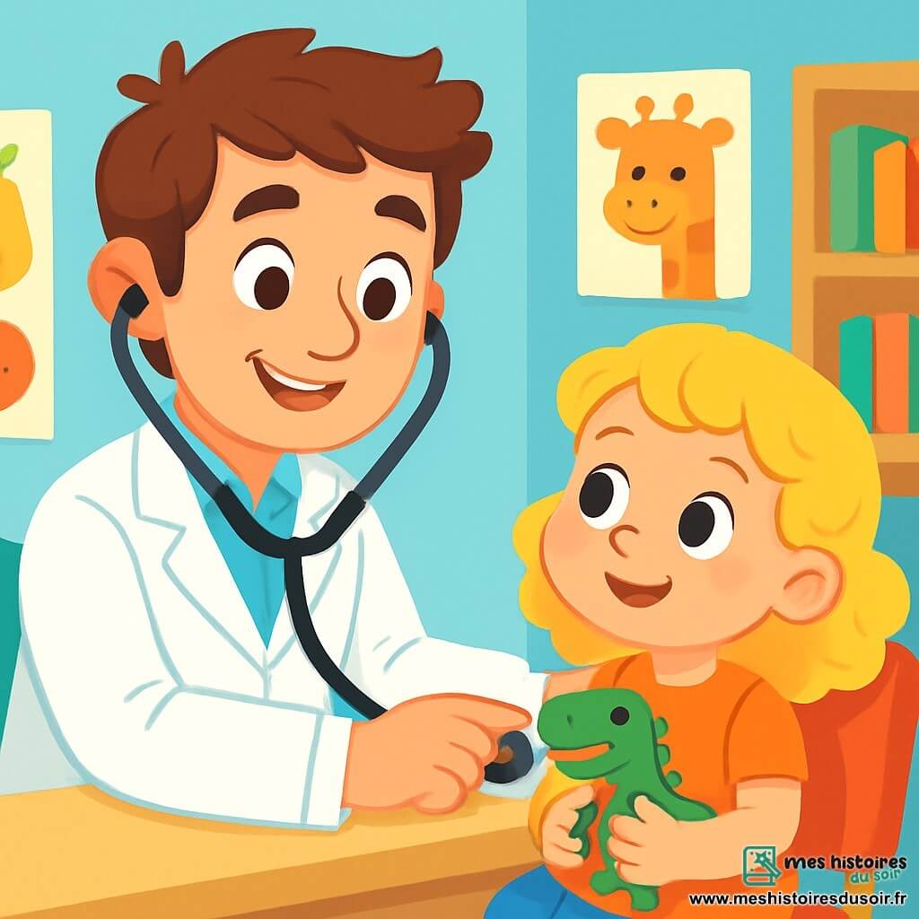 Un médecin, Malo, souriant et bienveillant, porte une chemise blanche et un stéthoscope. Ses cheveux bruns sont ébouriffés, et il écoute le cœur d'une petite patiente. À côté de lui, une petite fille d'environ 6 ans, aux cheveux blonds et bouclés, le regarde avec curiosité, tenant un jouet dinosaure. Le cabinet médical est lumineux, avec des murs bleu pastel, des posters d'animaux et une étagère de livres pour enfants. Malo écoute le cœur de la petite fille, qui sourit, amusée par le bruit « boum-boum ».