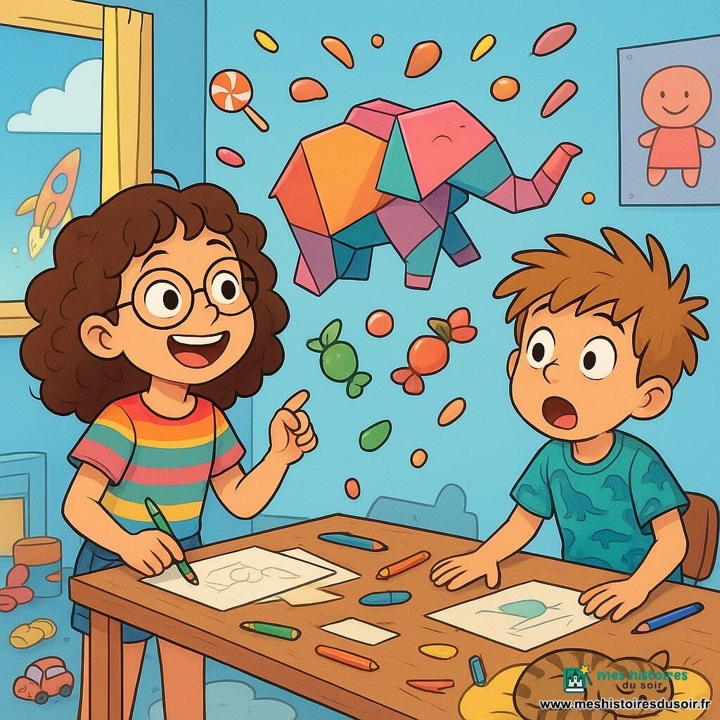Une fille de 10 ans, avec des cheveux bouclés et des lunettes rondes, sourit en tenant un crayon vert. Elle porte un t-shirt à rayures multicolores et un short en jean, assise à un bureau en désordre. À côté d'elle, un garçon de 9 ans, avec des cheveux ébouriffés et un t-shirt à motifs de dinosaures, regarde un éléphant en origami qui s'apprête à s'envoler, les yeux écarquillés. La chambre d'enfant est peinte en bleu pastel, avec des posters de dessins animés et un tapis en forme de nuage. Des jouets sont éparpillés, et un chat tigré dort sur un coussin. L'éléphant en origami, dodu et coloré, prend son envol, des bonbons tombant autour de lui, créant une atmosphère joyeuse.