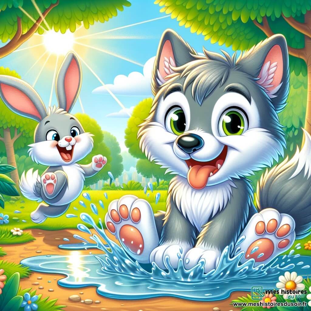 Un petit loup nommé Loup-Loup, avec un grand sourire et un pelage gris, est assis dans une flaque d'eau, éclaboussant joyeusement. À côté de lui, Coco, un lapin aux grandes oreilles et au pelage blanc, saute avec enthousiasme, les yeux pétillants de joie. Le décor est un parc ensoleillé avec des arbres verts et des fleurs colorées. Loup-Loup et Coco s'amusent à sauter dans la flaque, éclaboussant de l'eau et riant ensemble, remplis de bonheur et d'amitié.