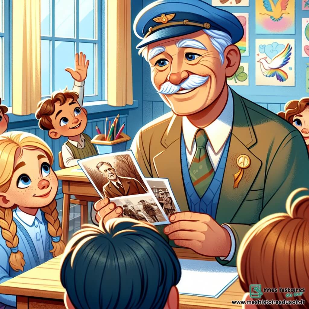 Monsieur Lambert, un homme âgé avec une casquette bleue et une moustache grisonnante, sourit en tenant une vieille photographie. Assis sur une chaise en bois dans une salle de classe lumineuse, il dégage sagesse et bienveillance. Plusieurs enfants l'écoutent, dont une petite fille aux tresses blondes qui lève la main avec curiosité et un garçon aux cheveux bruns qui écoute attentivement. La salle est décorée de dessins sur la paix et des affiches de colombes. Monsieur Lambert raconte des histoires de guerre et de paix, captivant les enfants qui semblent inspirés et prêts à poser des questions.
