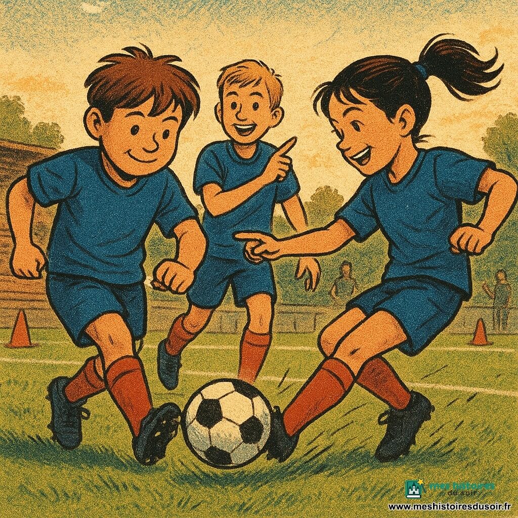 Léo, 11 ans, visage rond et cheveux bruns en bataille, vient de passer le ballon du pied en souriant; Inès, 11 ans, queue de cheval noire, frappe le ballon vers le but, corps penché et jambe tendue; Samy, 12 ans, peau claire et coupe courte, applaudit et pointe la trajectoire, légèrement derrière Léo à droite; petite pelouse aux lignes blanches et cônes, gradins en bois avec quelques parents, lumière dorée de fin d’après-midi et longues ombres; scène dynamique en plans rapprochés avec herbe qui vole et maillots froissés, joie collective au moment du but; palette vive (bleus profonds, rouges chauds, verts saturés) et rendu style impression sur papier journal: textures grainées, traits d’encre visibles et couleurs légèrement désaturées.