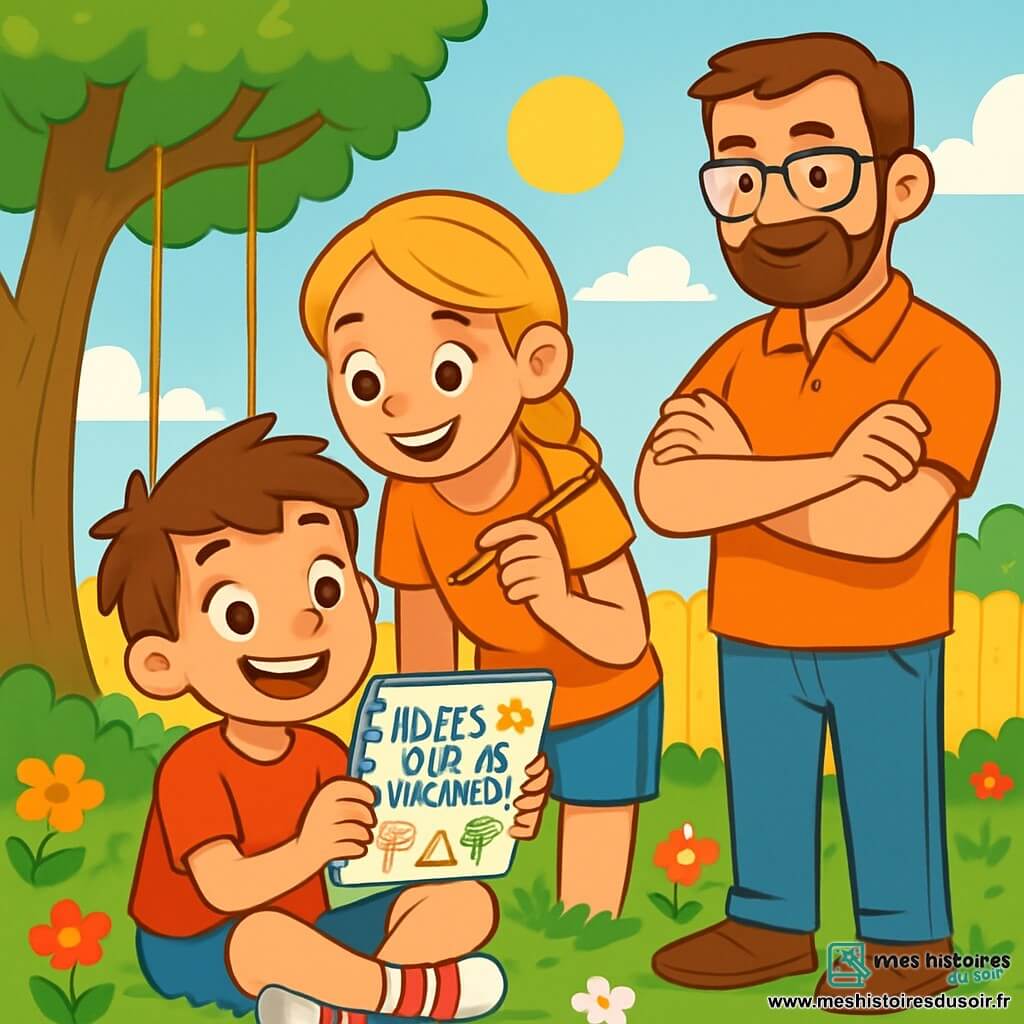 Lucas, un garçon de 8 ans aux cheveux bruns en bataille et aux yeux pétillants, est assis sur l'herbe du jardin avec un grand sourire, tenant un carnet coloré où il note des idées pour ses vacances d'été. À ses côtés, sa grande sœur Camille, 12 ans, aux cheveux blonds tressés, regarde avec enthousiasme, crayon à la main. Leur papa, un homme souriant d'une quarantaine d'années, avec une barbe légère et des lunettes, se tient près d'eux, prêt à écouter. Le jardin ensoleillé est rempli de fleurs vives, avec un grand arbre et une balançoire. La scène montre Lucas et sa famille discutant joyeusement de leurs projets d'été, entourés de rires et d'excitation.