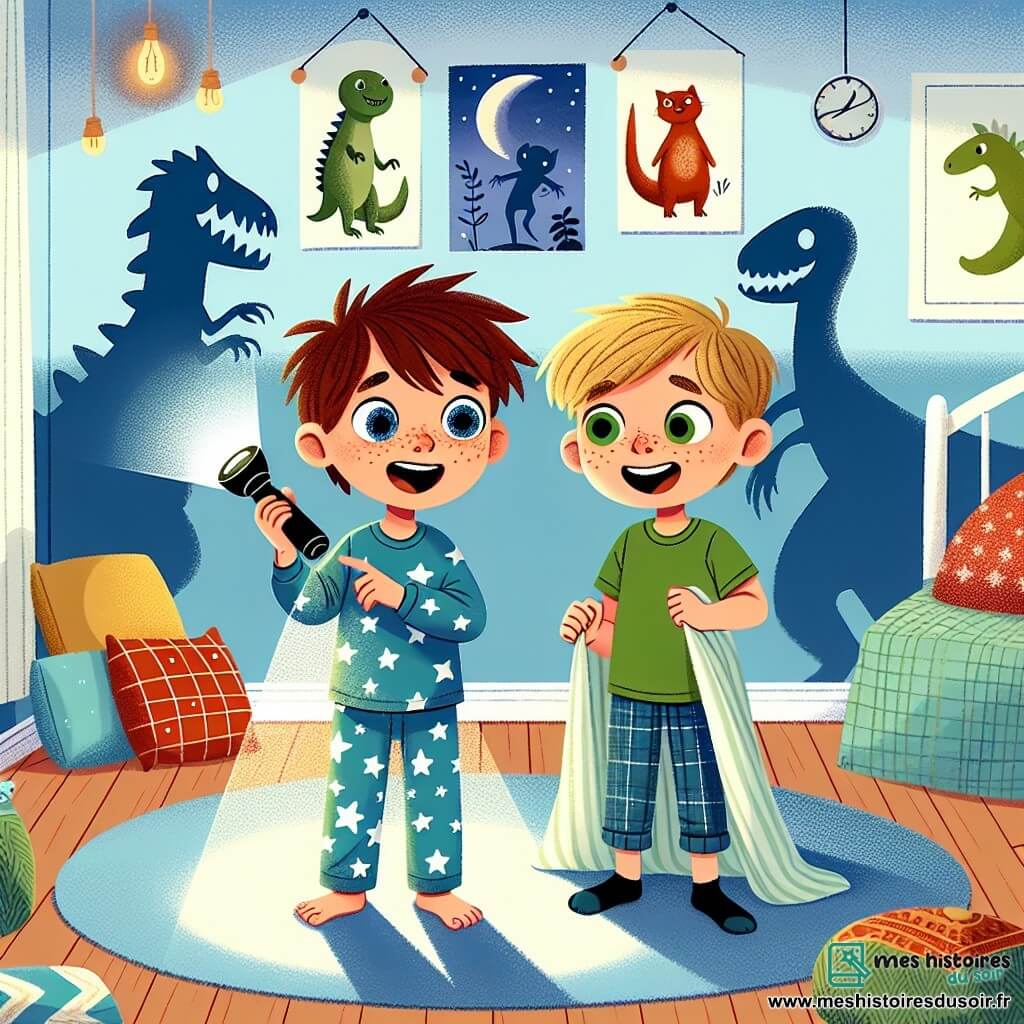 Un garçon de 10 ans, Louis, se tient au centre de sa chambre, émerveillé. Il a des cheveux bruns en bataille, des taches de rousseur et porte un pyjama bleu avec des étoiles blanches. Il tient une lampe de poche qui éclaire des ombres révélant des silhouettes de créatures imaginaires sur les murs. À ses côtés, son meilleur ami Tom, également âgé de 10 ans, a les cheveux blonds et porte un t-shirt vert. Enthousiaste, il tient une couverture en forme de cape, prêt pour l'aventure. Ils sont entourés de coussins colorés, créant un campement douillet. La chambre est décorée de posters de dinosaures et d'un mobile en forme de planète. La lumière de la lampe de poche crée des ombres dansantes, ajoutant une atmosphère magique. Louis et Tom transforment leur peur de l'obscurité en une aventure, explorant les ombres et imaginant des histoires de créatures fantastiques.