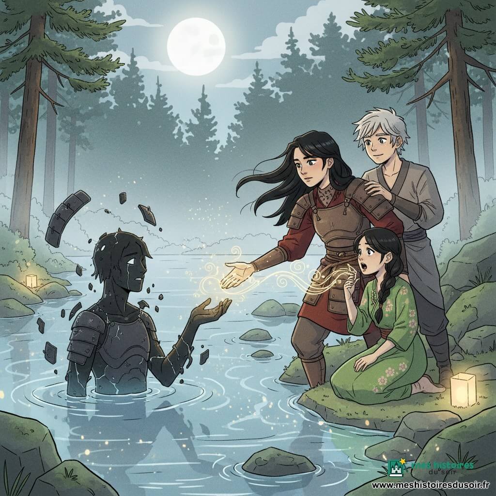 Aiko, jeune guerrière d'environ 16–18 ans au regard déterminé et visage serein, cheveux noirs longs flottant au vent, en tunique rouge sombre et armure légère en cuir, tend la main vers une silhouette sombre sortant du lac; Hoshi, garçon d'environ 13 ans aux cheveux argentés et sourire courageux, habillé simplement, se tient légèrement derrière et pose une main rassurante sur l'épaule droite d'Aiko; Mei, fille d'environ 12 ans aux cheveux noirs en tresse et robe verte à motifs floraux, est accroupie au bord de l'eau en train de chanter, des notes lumineuses autour de sa bouche; l'ombre-ancêtre, silhouette humanoïde sombre aux contours brisés et yeux tristes lumineux, avec fragments d'armure ancienne flottant, émerge du reflet du lac; lieu : lac clair au cœur d'une forêt de pins, brume argentée, eau miroir reflétant la pleine lune, rives de pierres moussues et petites lanternes en papier; scène : moment de réconciliation avec la main d'Aiko touchant l'ombre, lumière dorée jaillissant au point de contact, eau vibrant d'éclats lumineux et larmes d'esprit tombant comme perles brillantes; style visuel : couleurs douces et contrastées, contours arrondis, textures marquées de l'eau et du tissu, ambiance mystérieuse et apaisante.